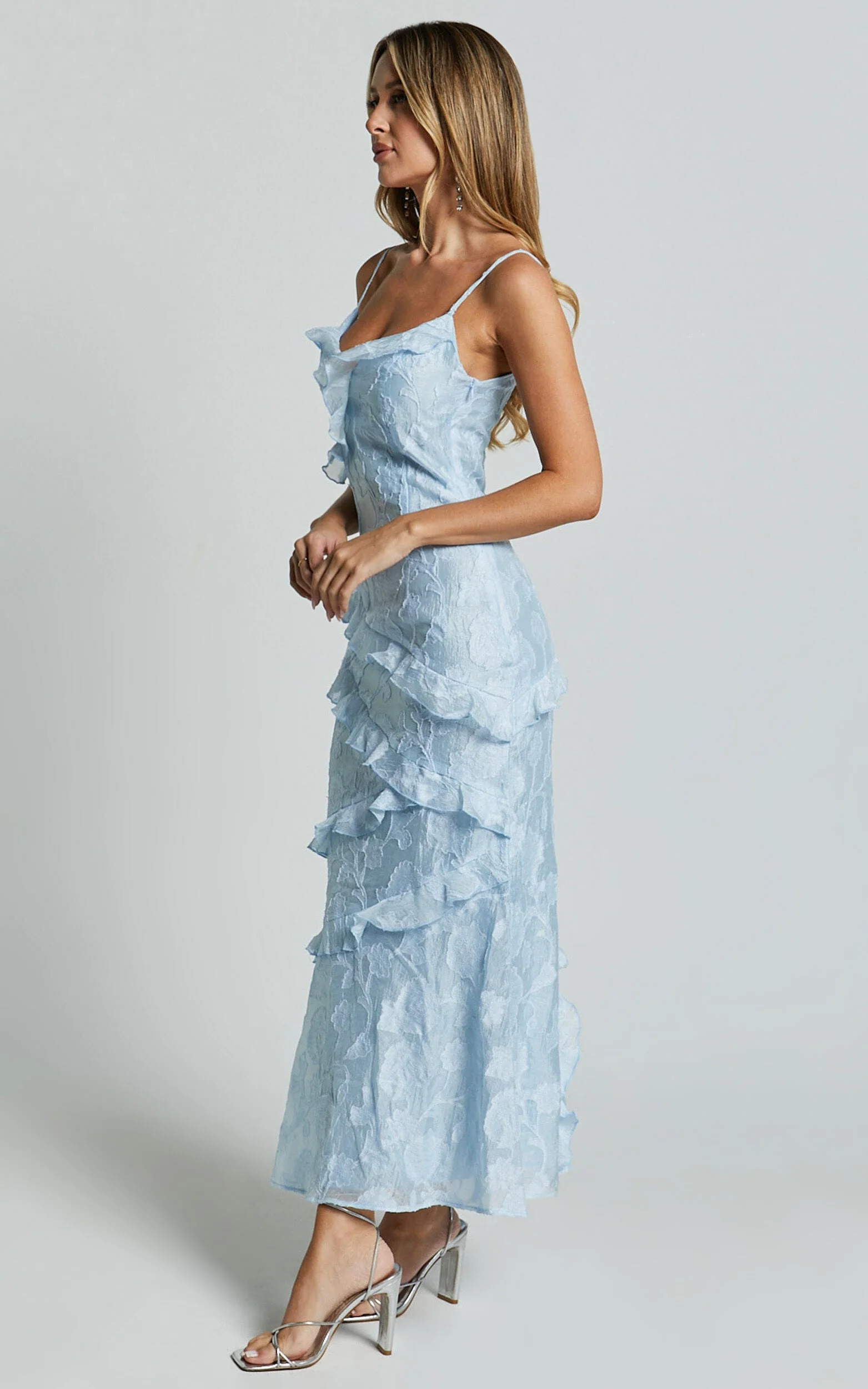 Michaela Midi Dress - Jacquard Ruffle Detail Tiered Dress in Light Blue