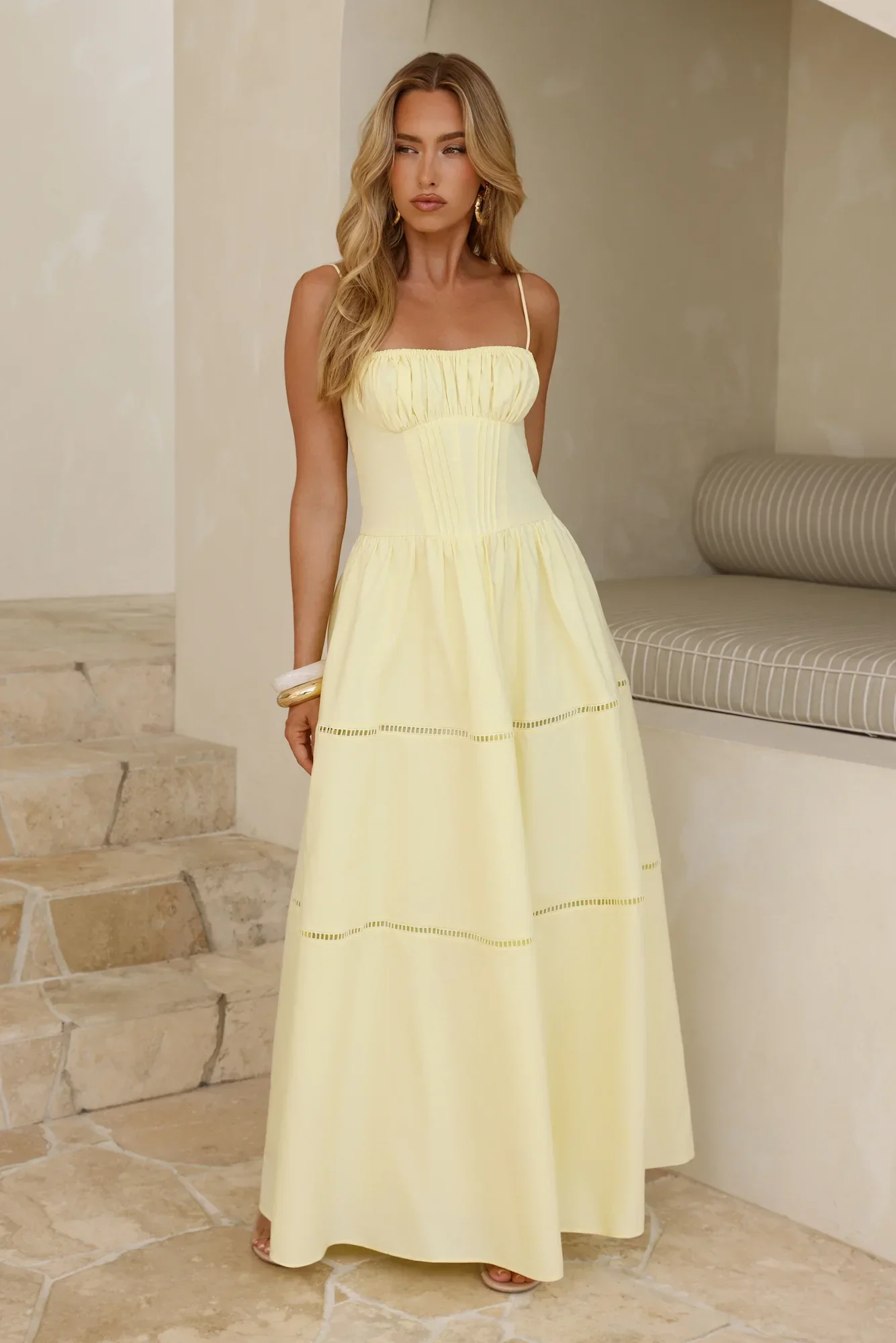 Sunny Day Embroidered Tiered Maxi Dress Yellow