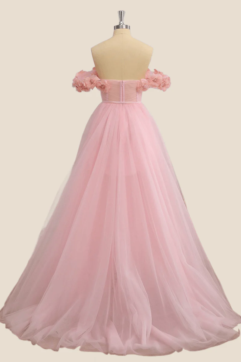 Flowers Off the Shoulder Pink Tulle A-line Formal Dress