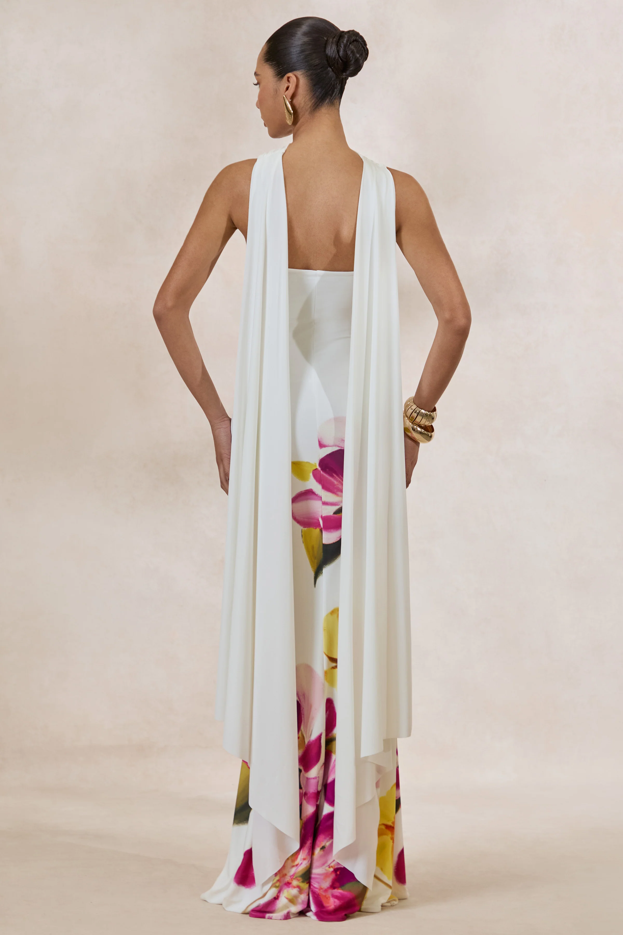 Brooke | Hot Pink And Lemon Floral Print Bandeau Neck Maxi Dress With Scarf