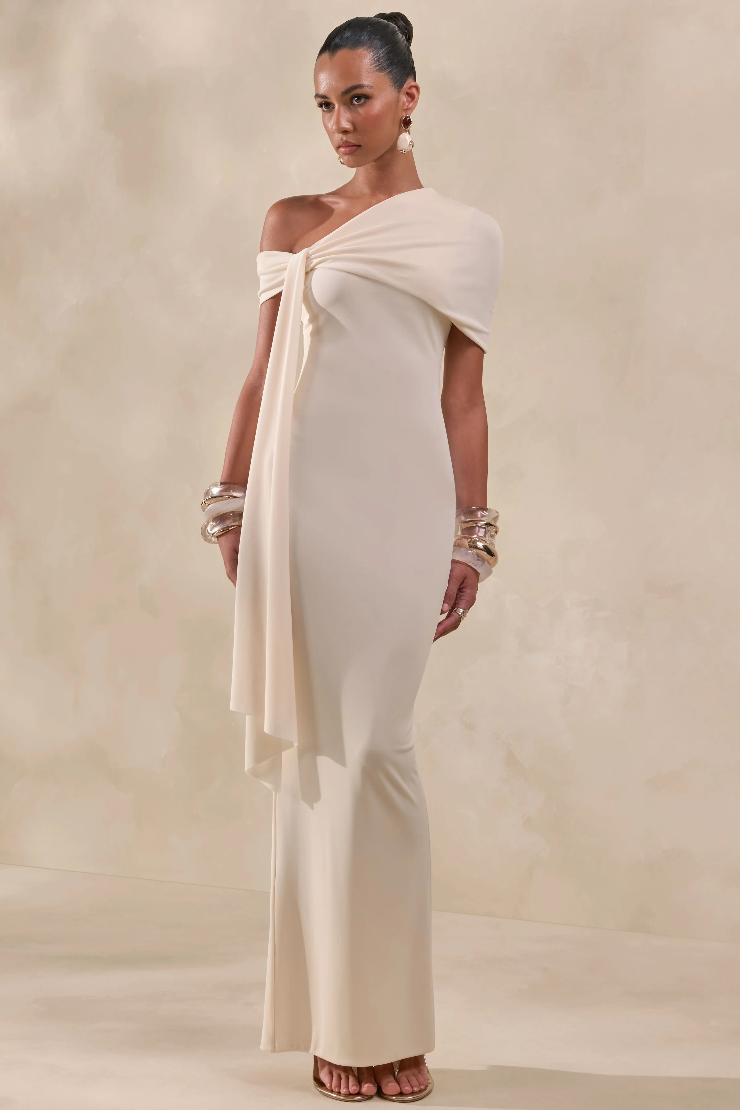 Esalina | Cream Asymmetric-Neck Maxi Dress With Sash