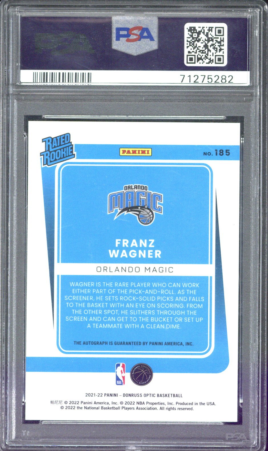 2021-22 Panini Donruss Optic Basketball Franz Wagner Rated Rookie Autograph #185 PSA 8