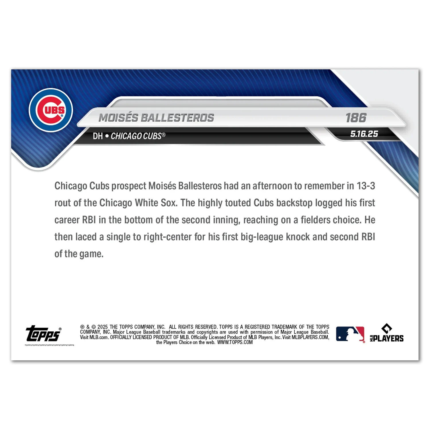 Moisés Ballesteros - 2025 MLB Topps NOW® - Card 186