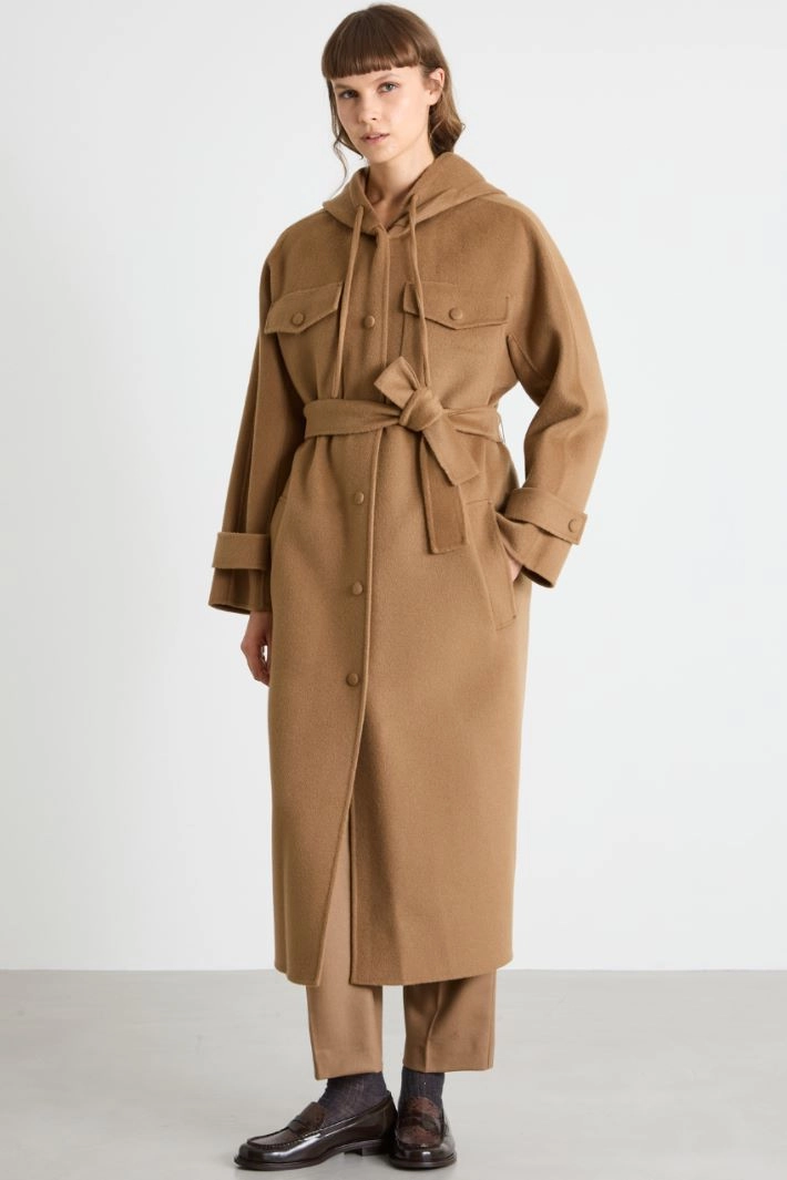Coat with drawstring hood - CAMEL