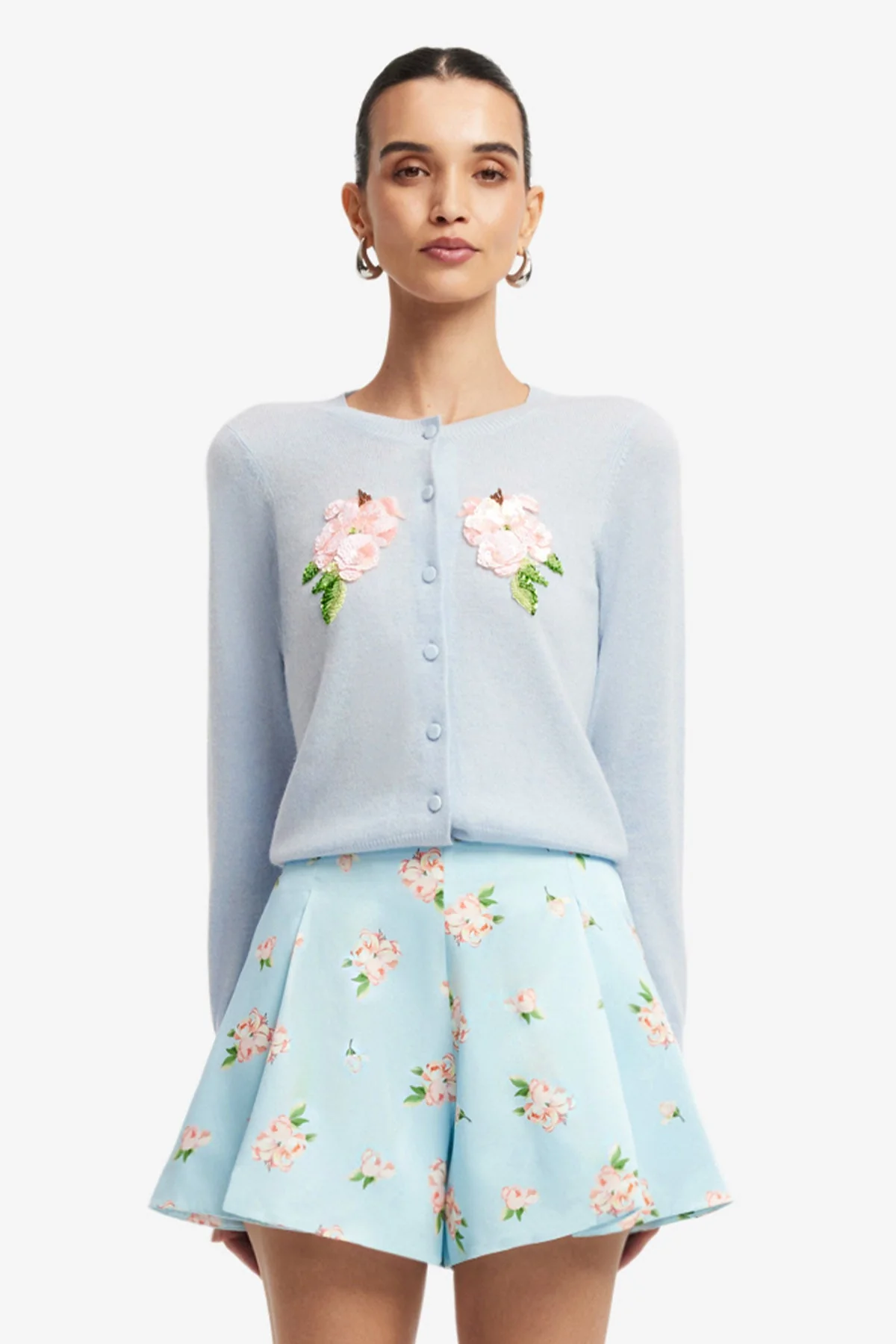 Claire Embellished Knit Cardigan - Ditsy Floral Print in Blue