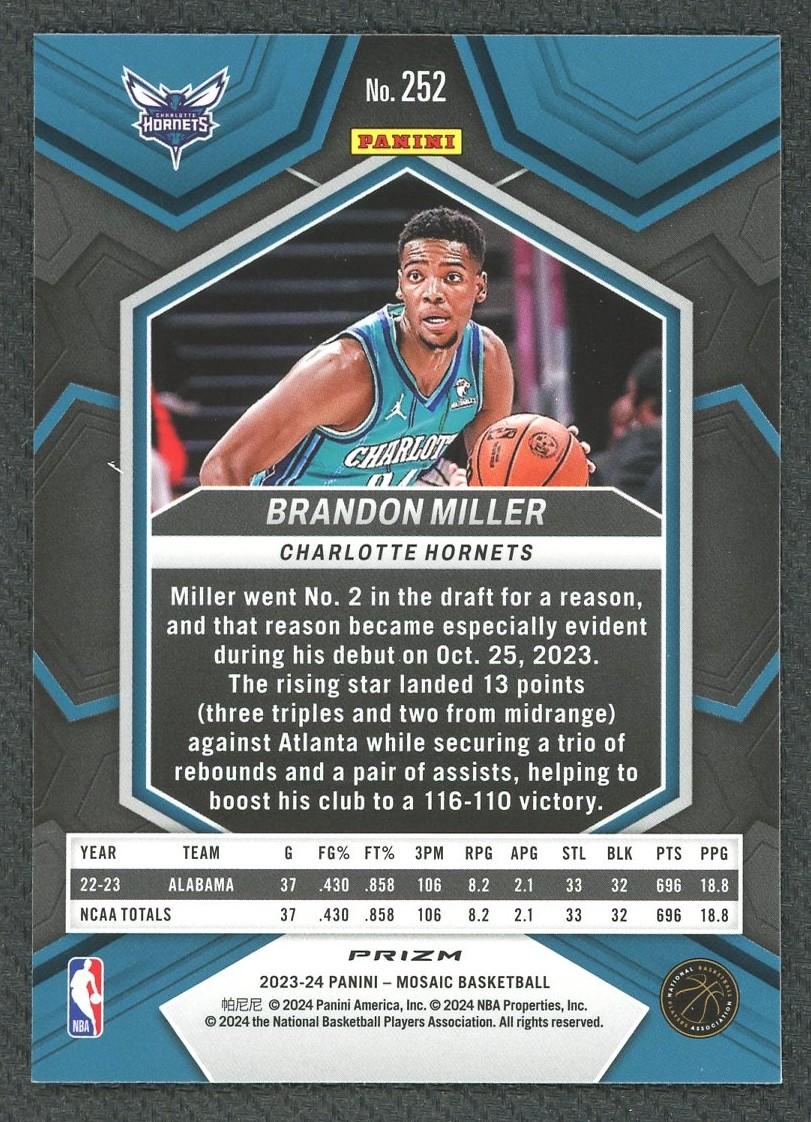 2023/24 Panini Mosaic Brandon Miller #252 NBA Debut Peacock