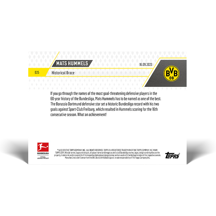 Topps UK - Mats Hummels - Historical Brace - Bundesliga TOPPS NOW® Card #25