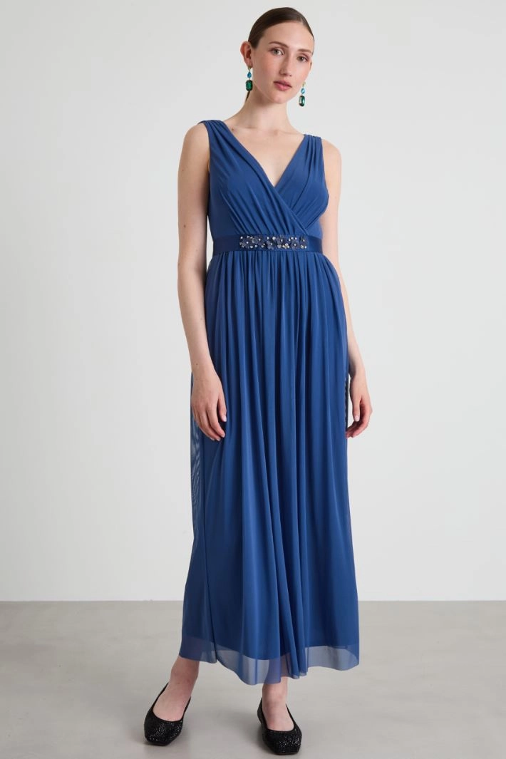 Long tulle dress with belt - BLUE