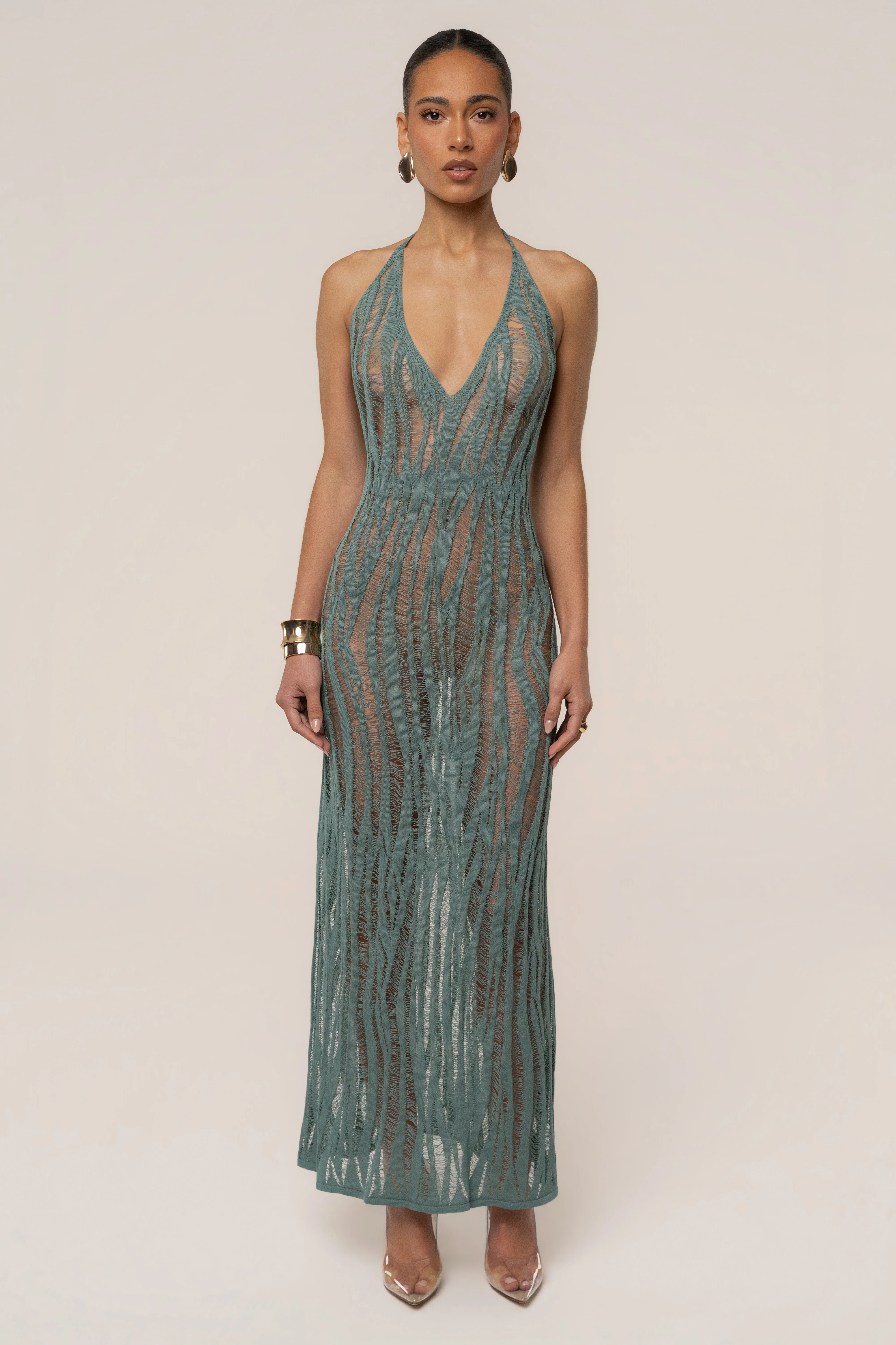 Dusty Green Nocturnal Waves Maxi Dress