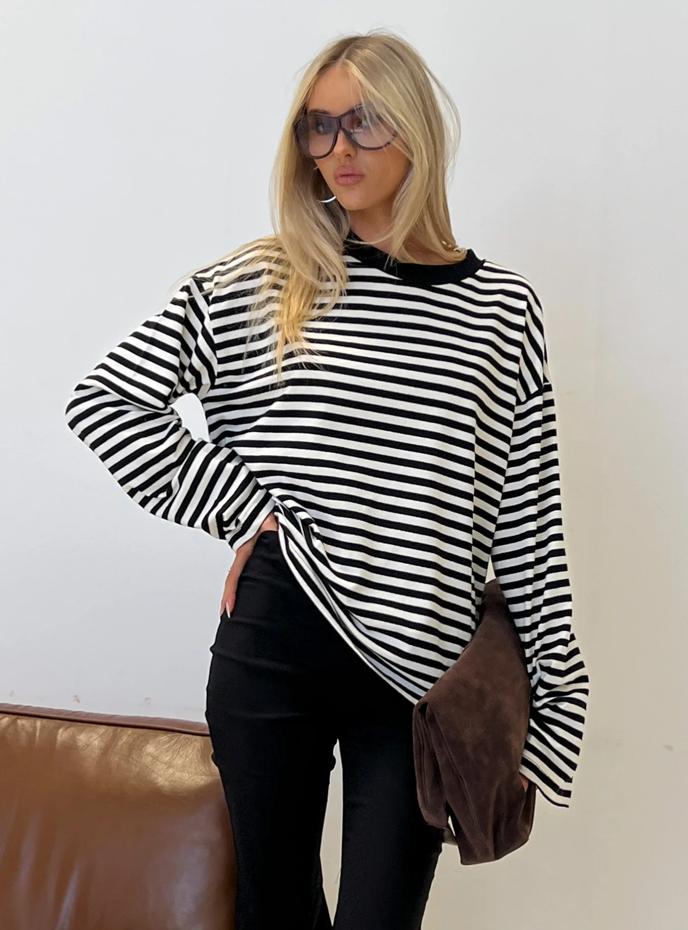 Settle Down Long Sleeve Top Black / White Stripe