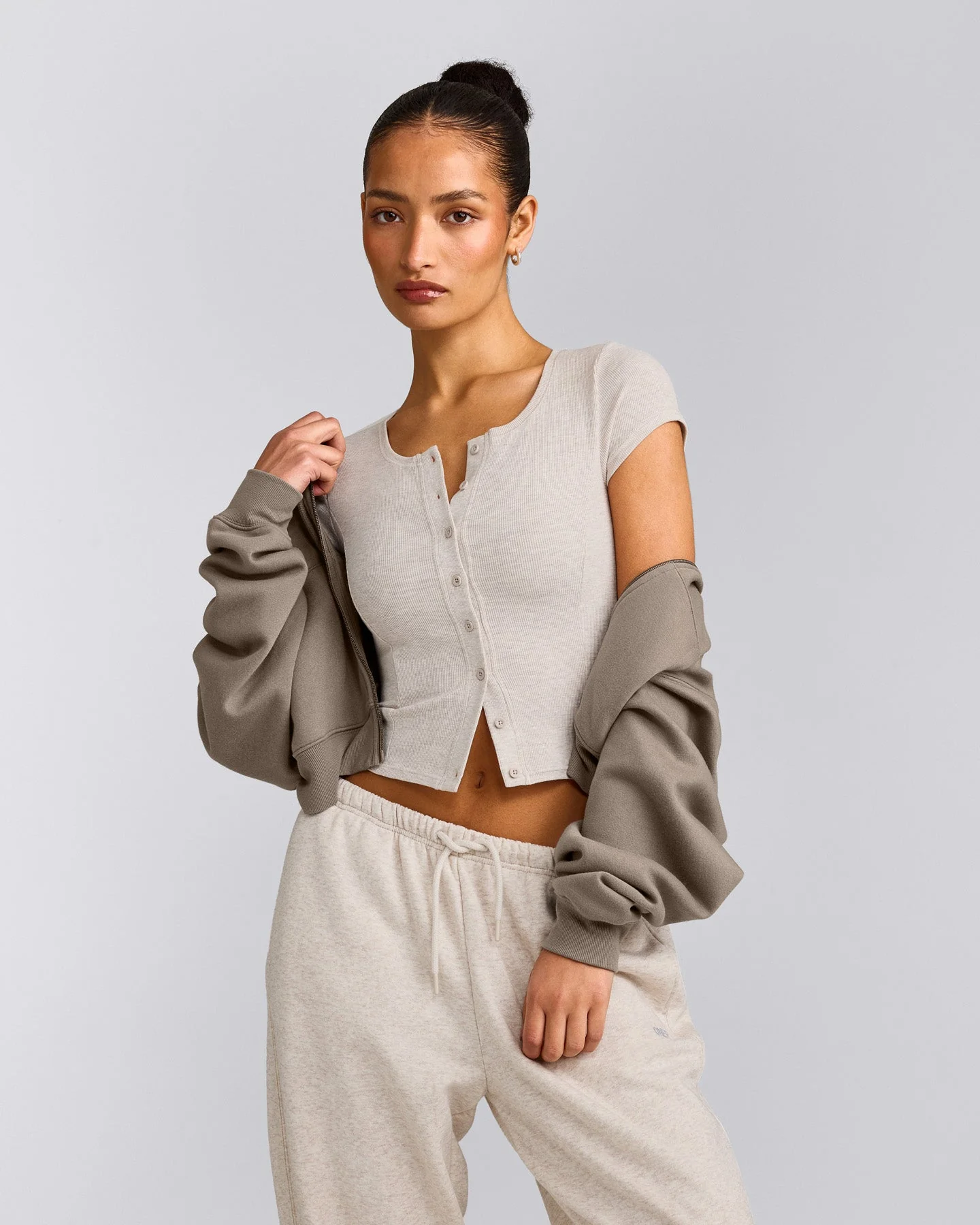 Mellow™ Rib Mid Short Sleeve Cardigan | Oat Marl