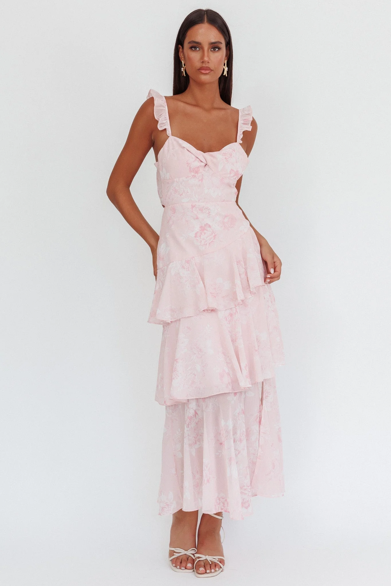 Veda Ruffle Strap Split Maxi Dress Roses Blush