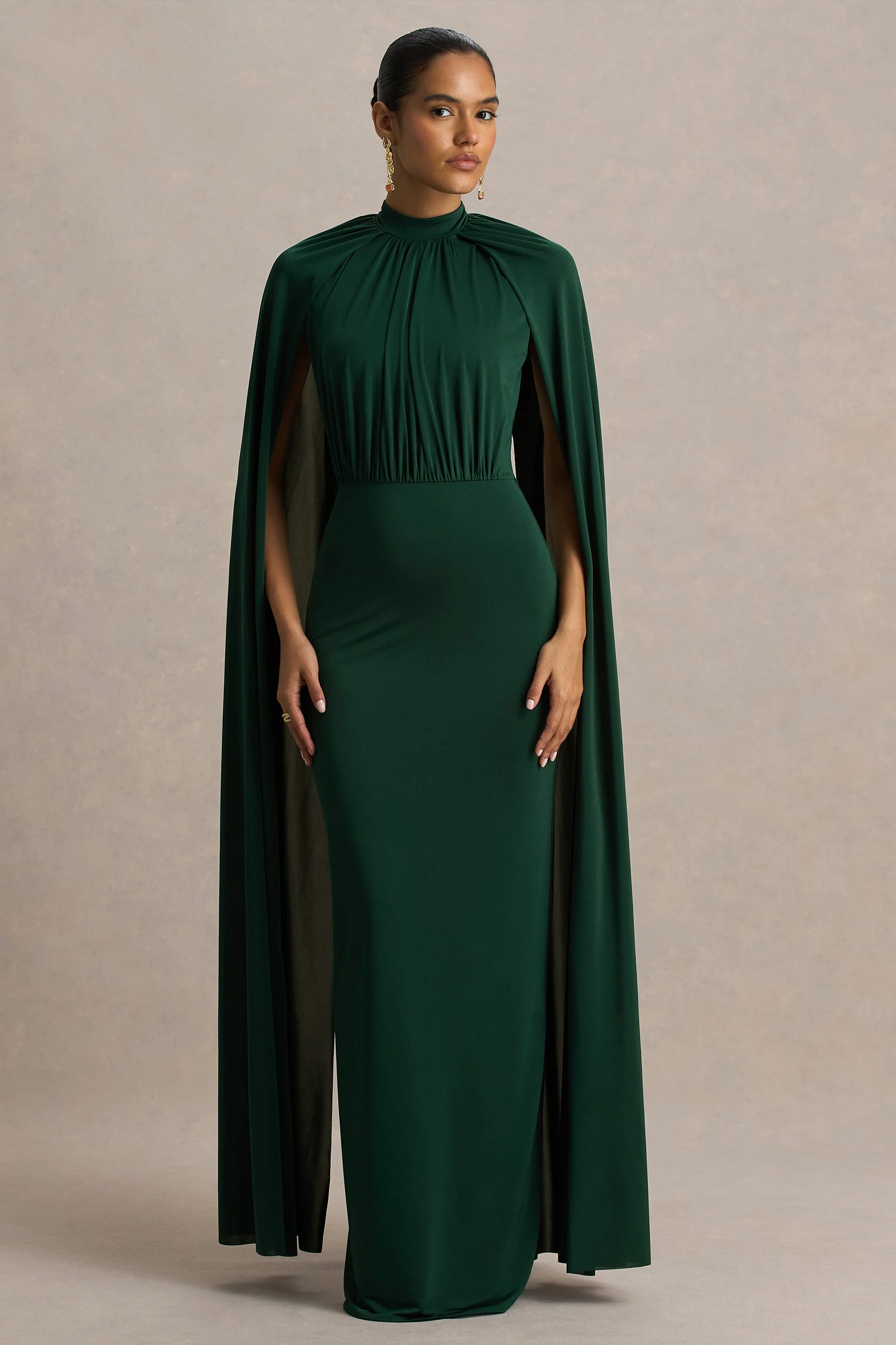 Darielle | Bottle Green High-Neck Cape-Sleeve Maxi Dress