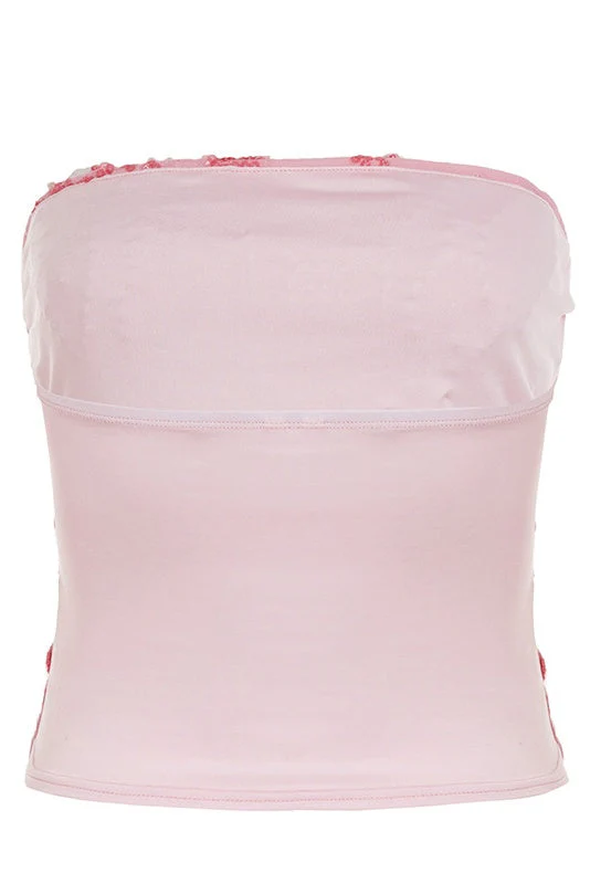 Pink Sequin Strapless Crop Top