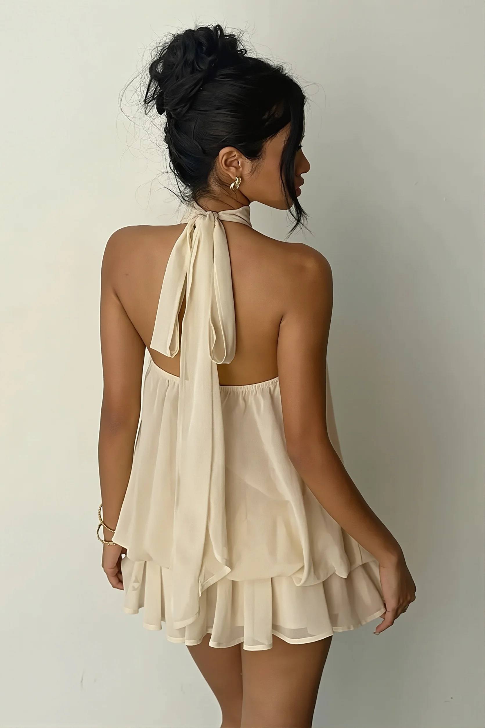 Vacation Halter Backless High Waist Flowy Mini Dress