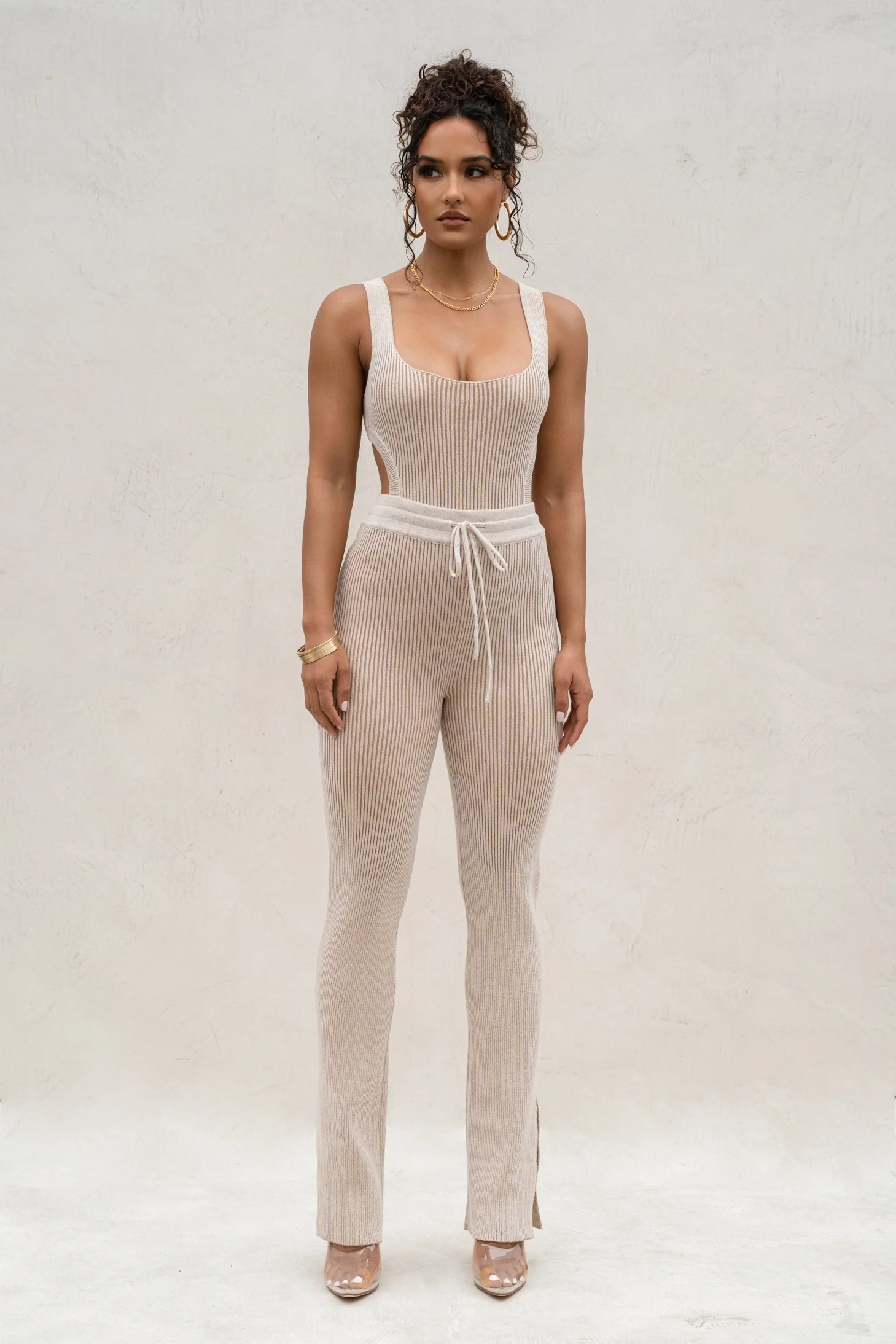 Taupe/White Deana Ribbed Bodysuit