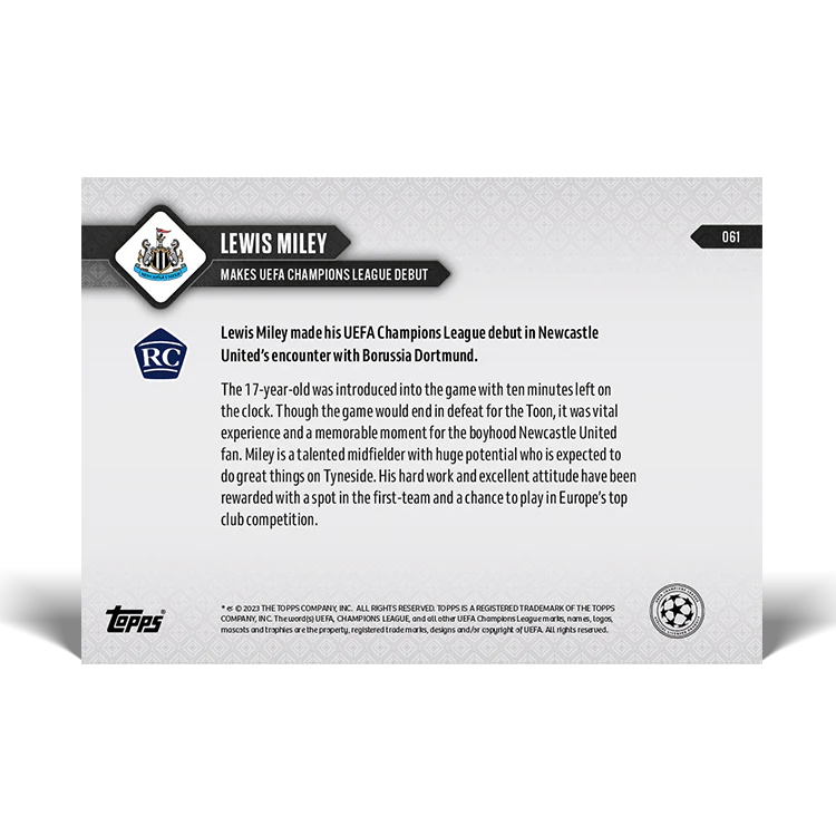 Topps UK - Lewis Miley - First UEFA Champions League goal - UCL TOPPS NOW® Card #61