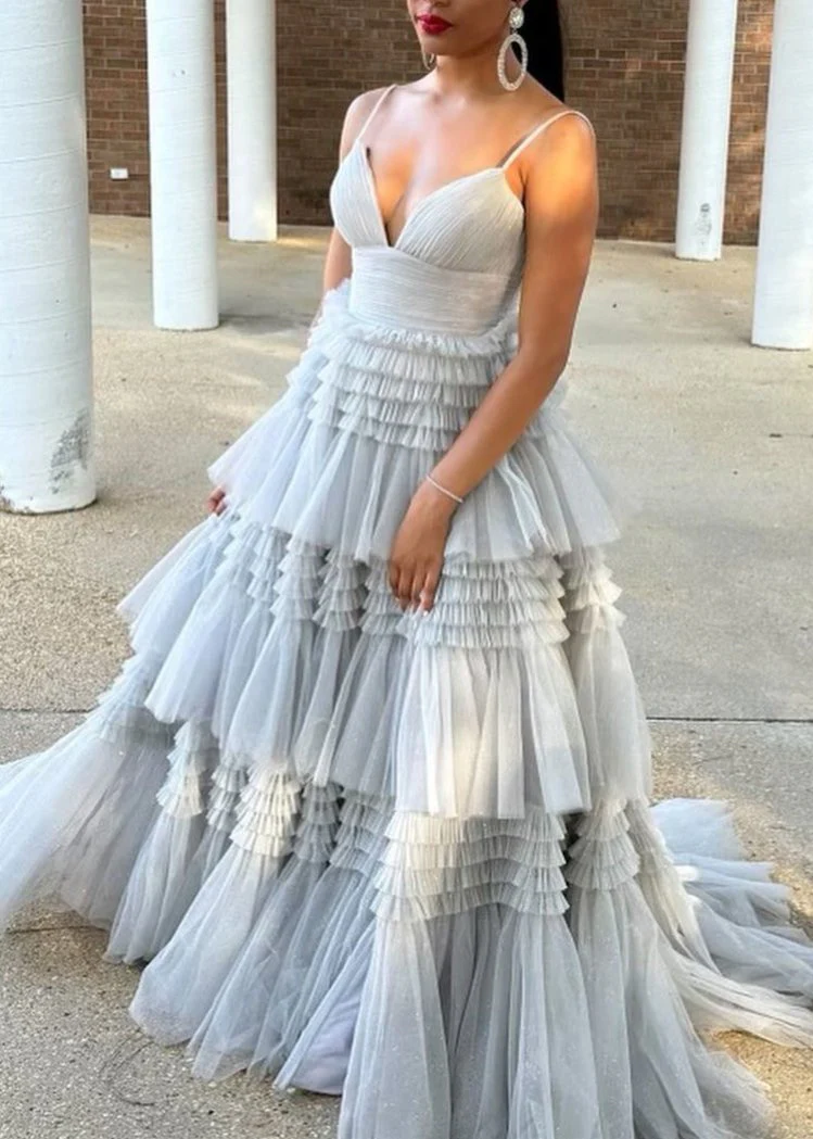 Amanda| A-Line Spaghetti Straps Long Tiered Tulle Prom Dress With Split