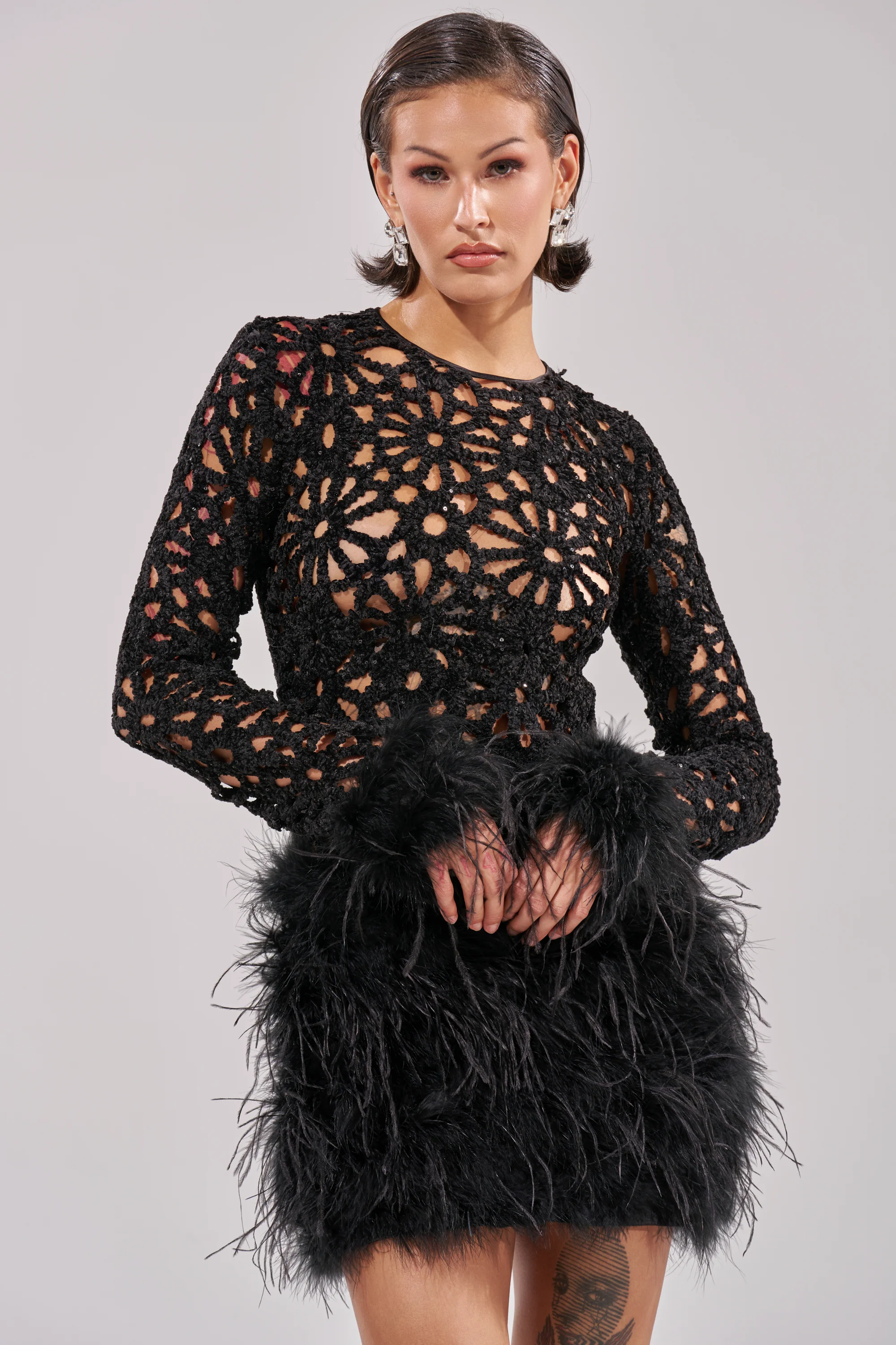 Who Me? Knit Crochet Mini Dress With Feathers