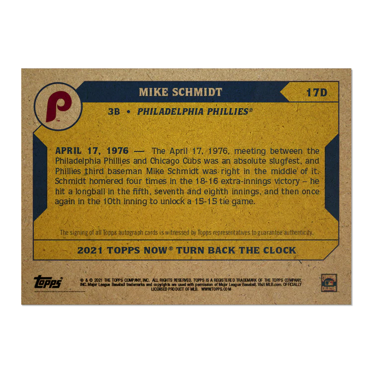 On-Card Auto # to 5 - Mike Schmidt - 2021 MLB TOPPS NOW® Turn Back The Clock - Card 17D