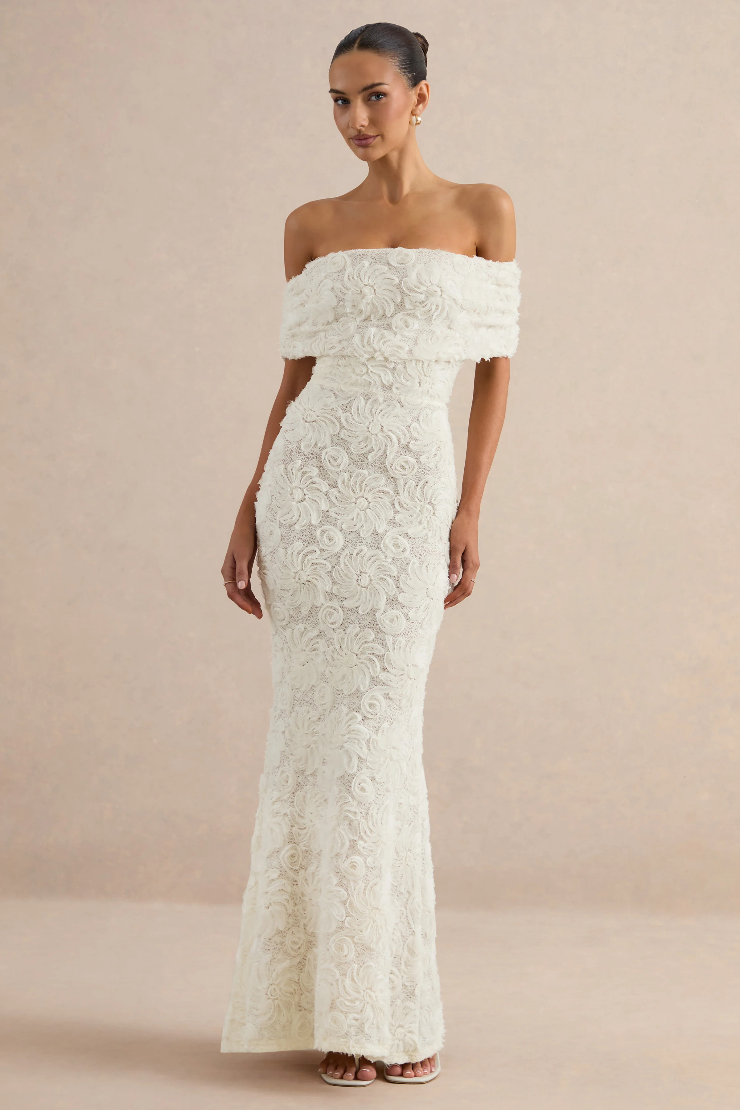 Xara | White Lace Bardot-Neck Maxi Dress