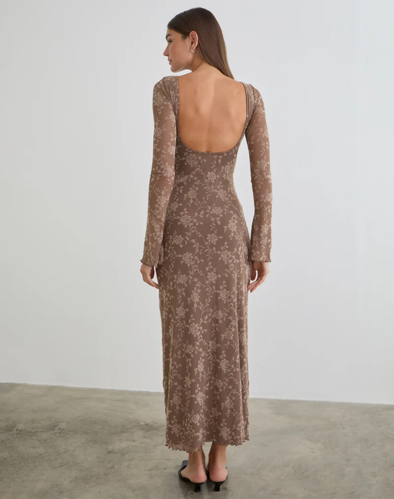 Shaleed Maxi Dress in Leafy Flock Dark Taupe