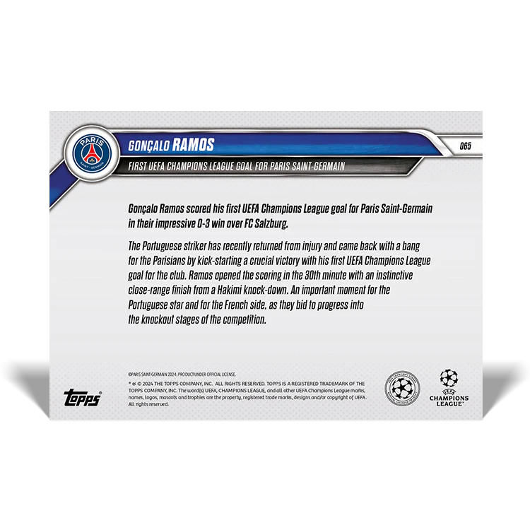 Gonçalo Ramos - First UEFA Champions League goal for Paris Saint-Germain - 24/25 UCC Topps NOW® Card 65