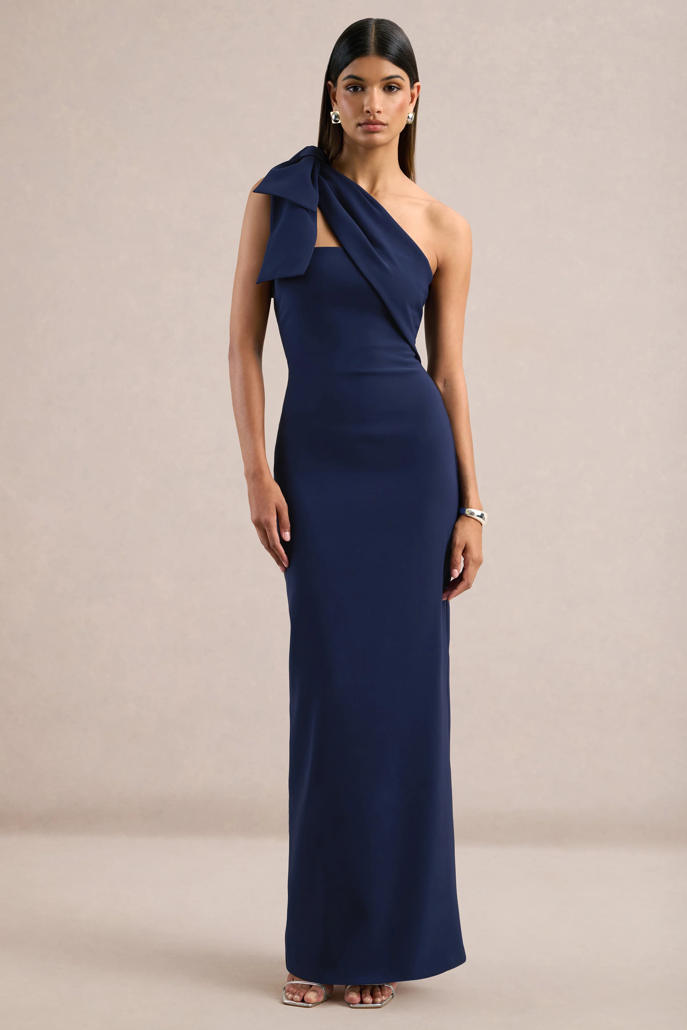 Adara | Navy One Shoulder Maxi Dress With Back Split and Bow Detail