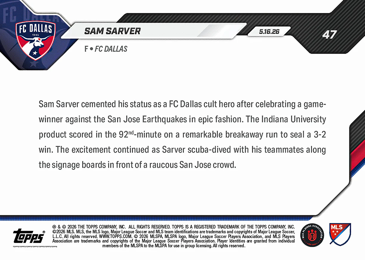 Sam Sarver - 2026 MLS Topps NOW® - Card 47 - PR: 430