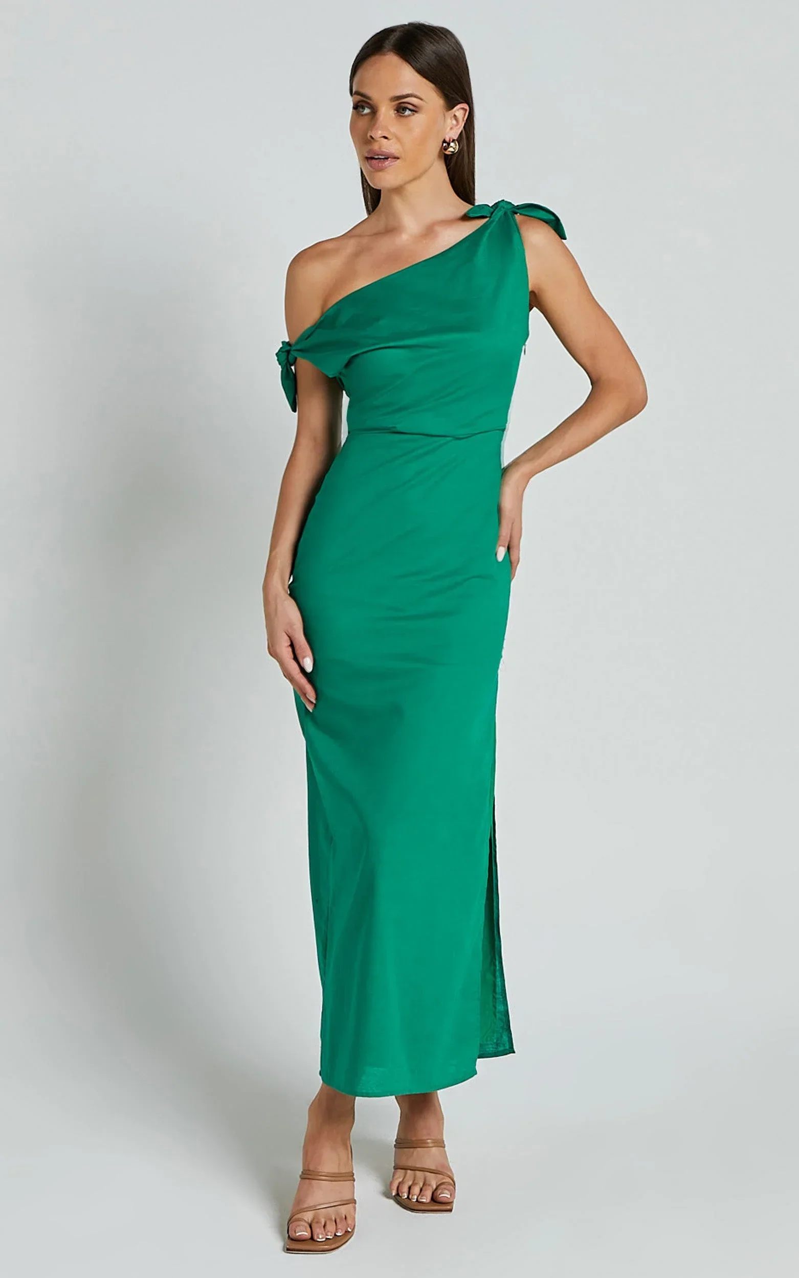 Cincinnati Midi Dress - Off The Shoulder Side Split Column Linen Dress in Green