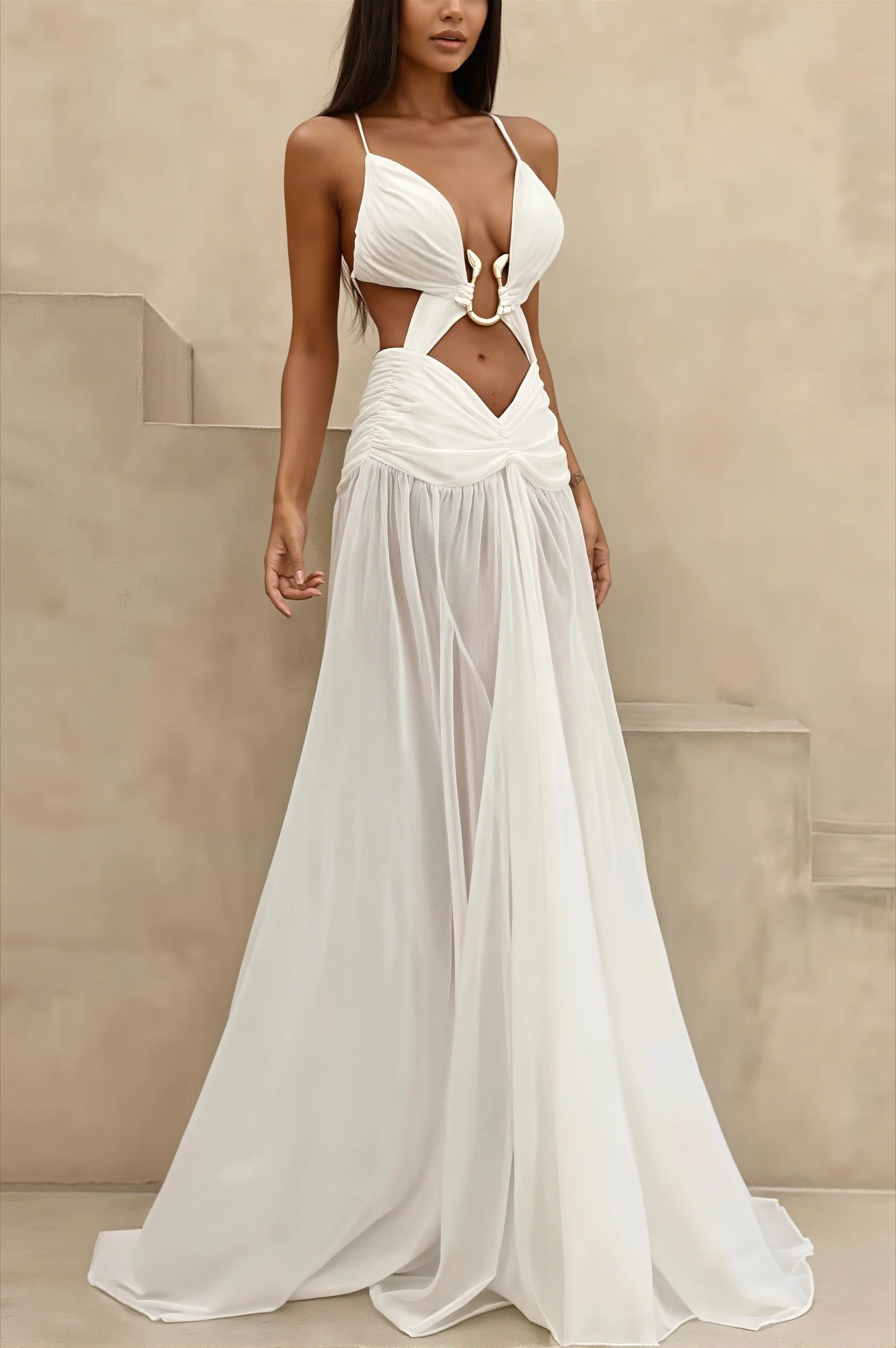 Cutout Metal Decor Backless Maxi Dress