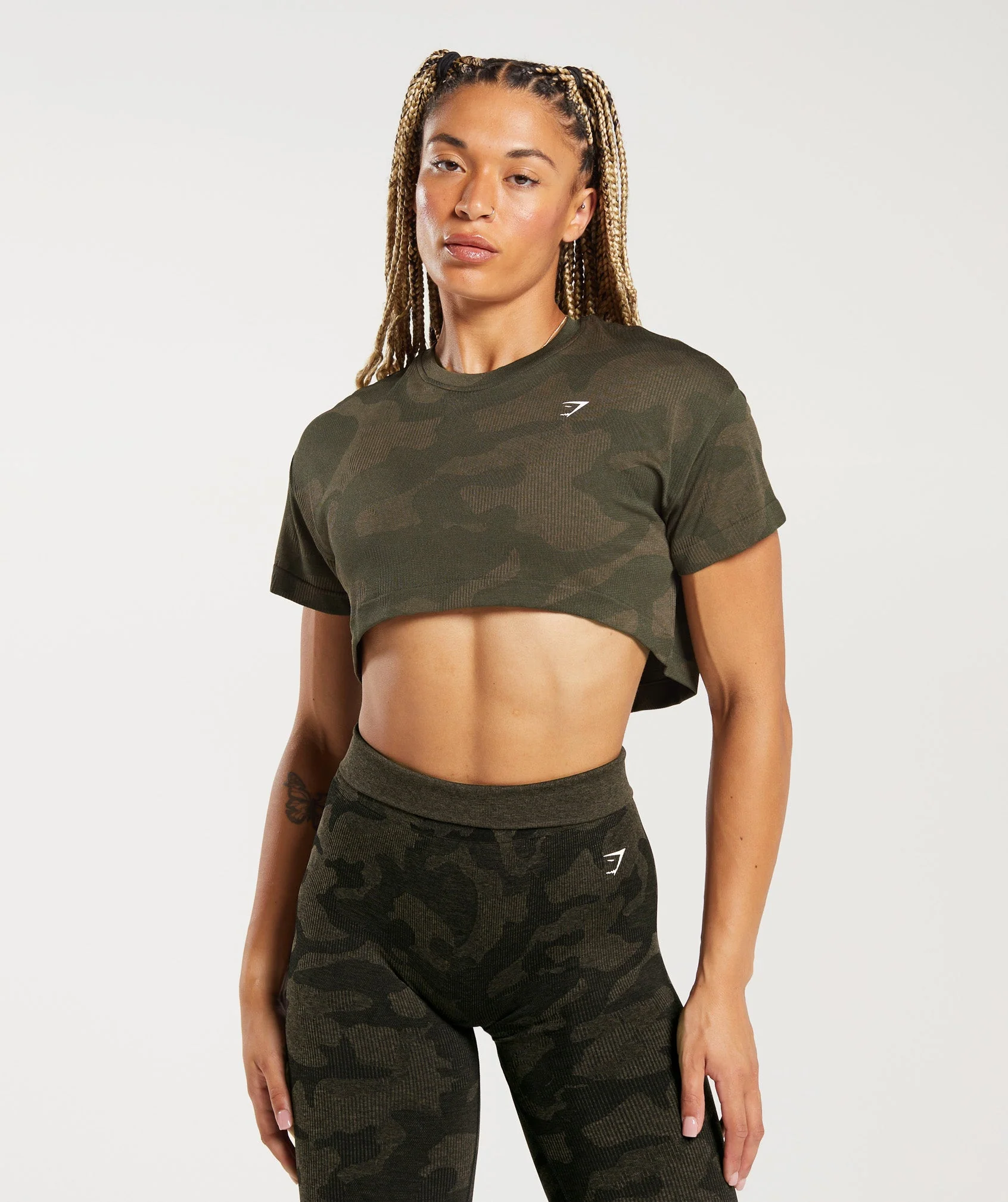 Adapt Camo Seamless Ribbed Crop Top Winter Olive/Soul Brown