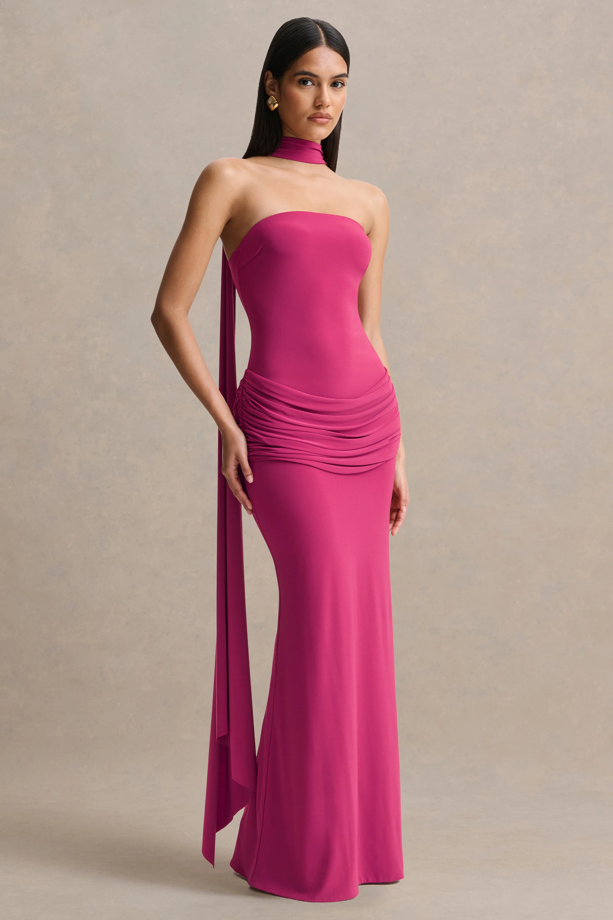Graciella | Hot Pink Bandeau Maxi Dress With Draped Detailing And Scarf