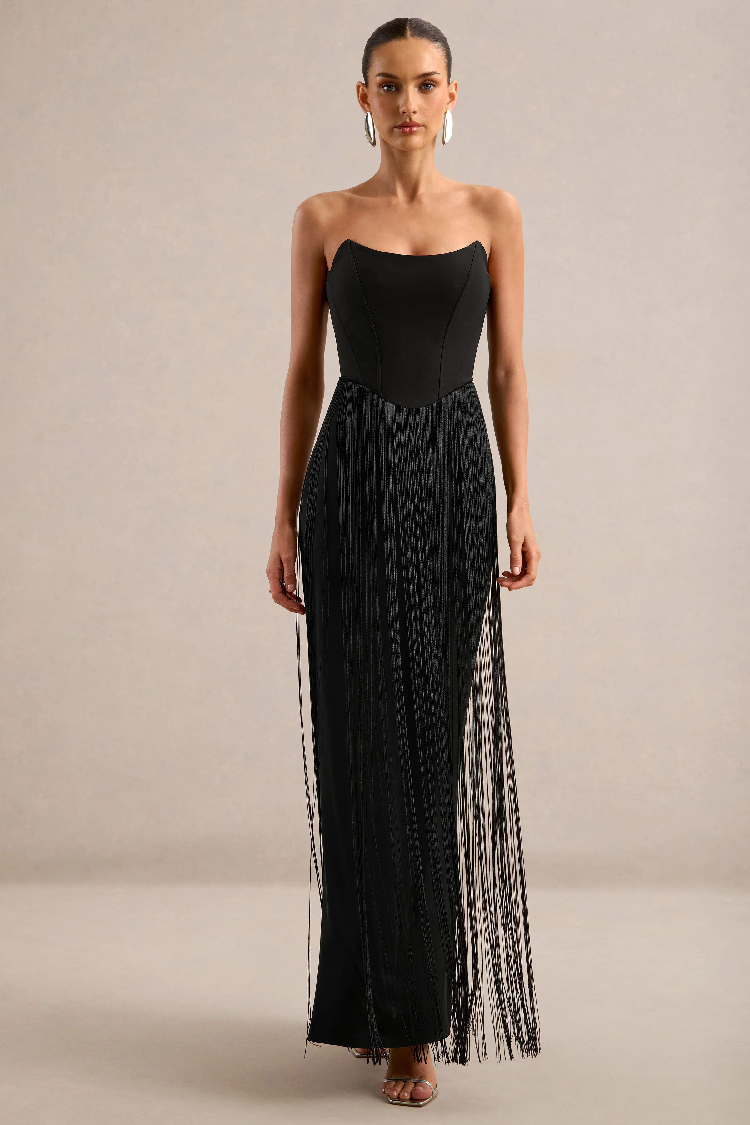 Manuela | Black Bandeau Maxi Dress With Fringe Detailing