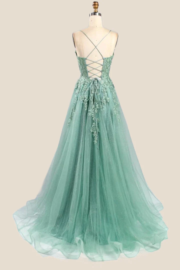 Turquoise Lace Appliques Straps A-line Long Formal Dress