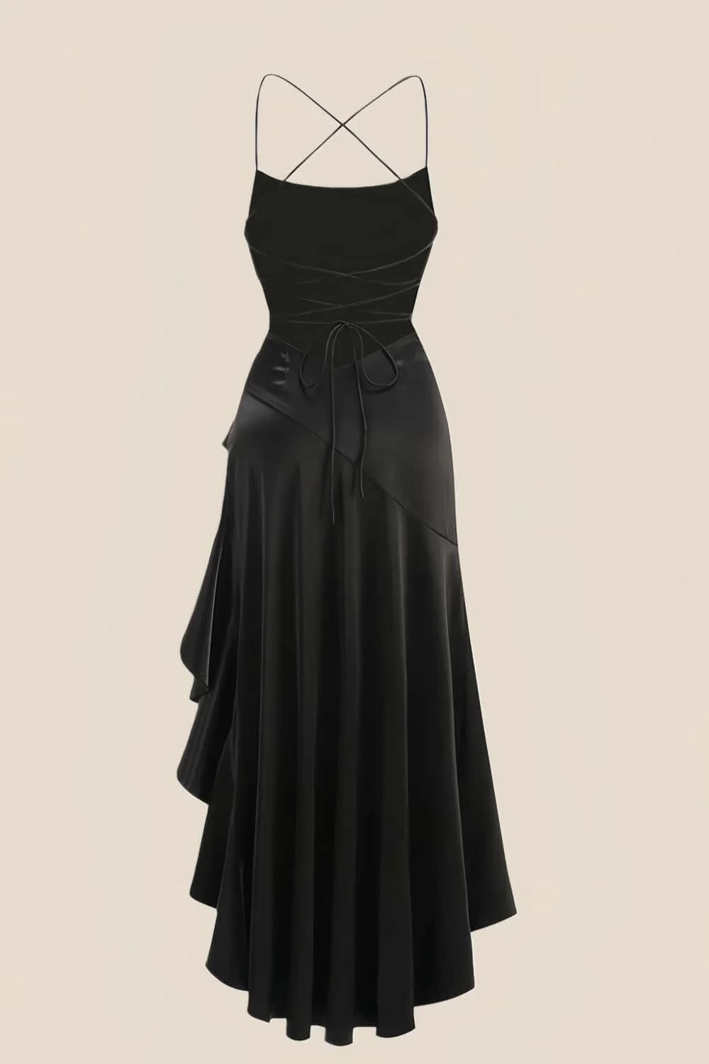 Straps Black Satin Ruffle Slit Party Dress