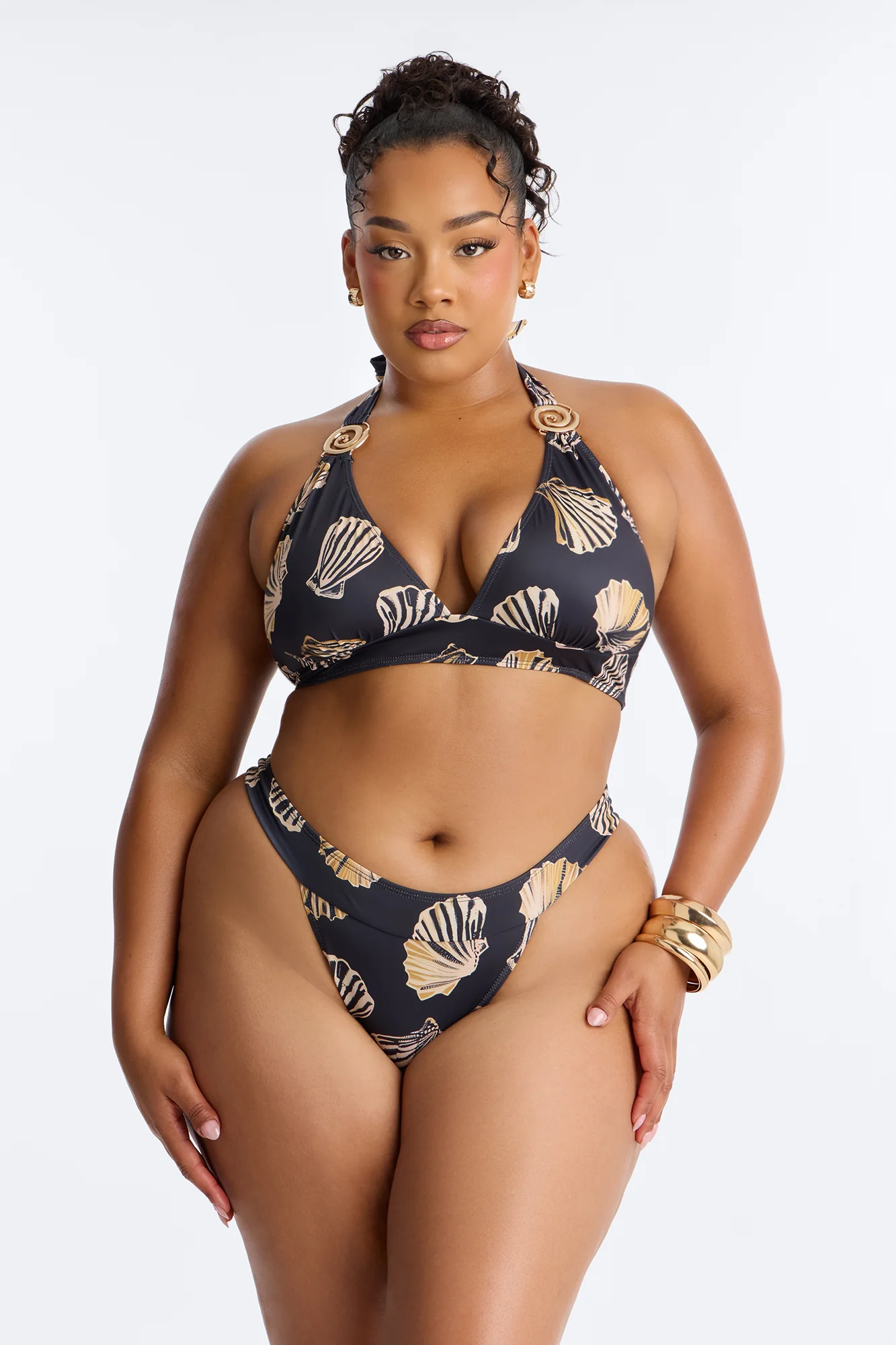 Book That Flight 2 Piece Shell Print Bralette Bikini Set - Black