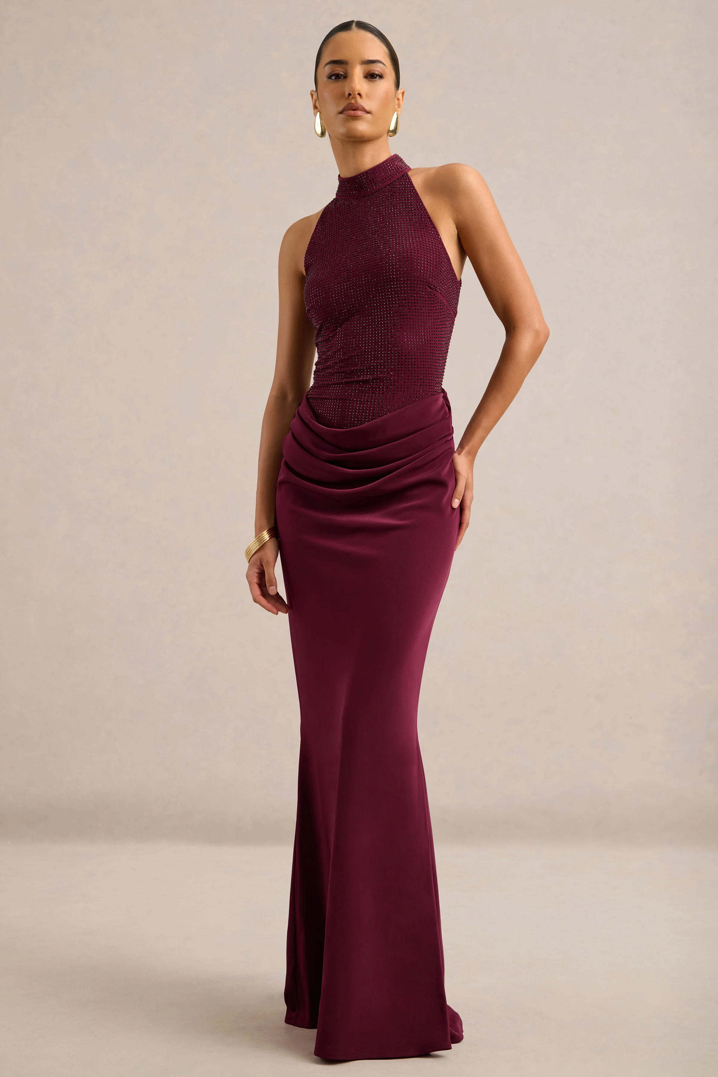 Amirae | Burgundy Embellished Halter Neck Maxi Dress With Satin Skirt And Drape Detailing