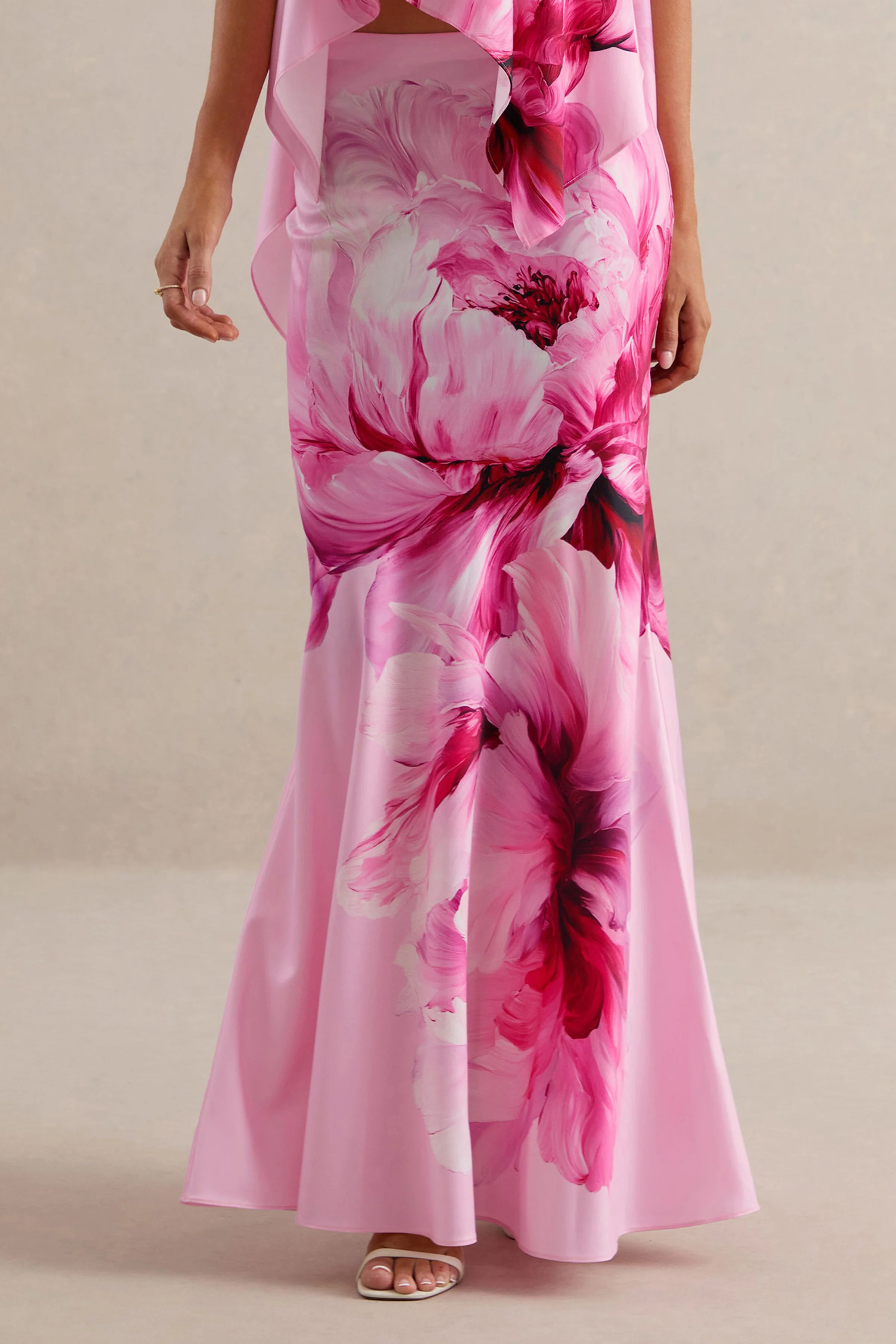 Vayla | Pink Floral Print Satin High Rise Maxi Skirt