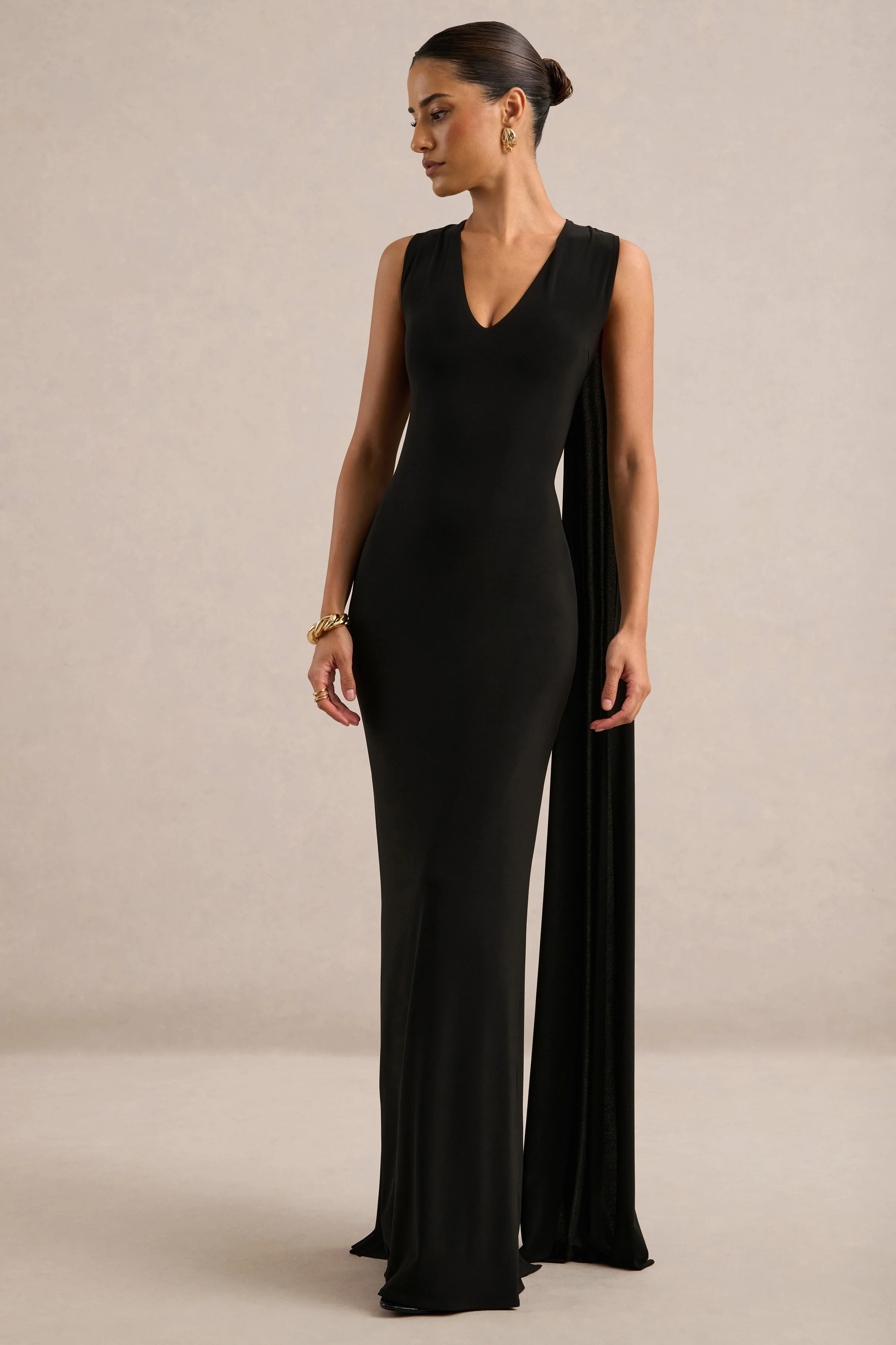 Marceline | Black Jersey Plunge Maxi Dress With Back Cape Sleeves