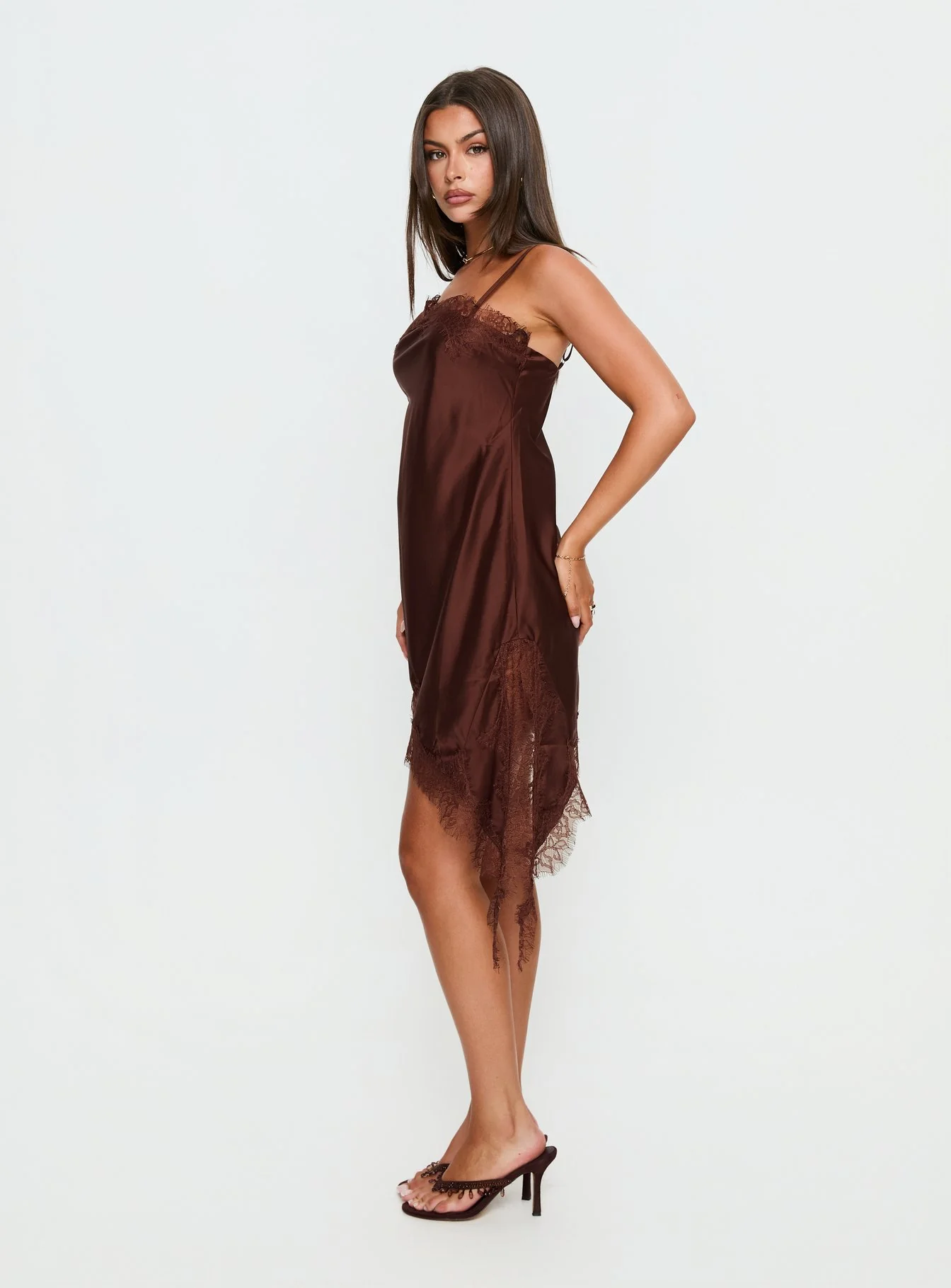 Malakhai Lace Asymmetrical Mini Dress Chocolate