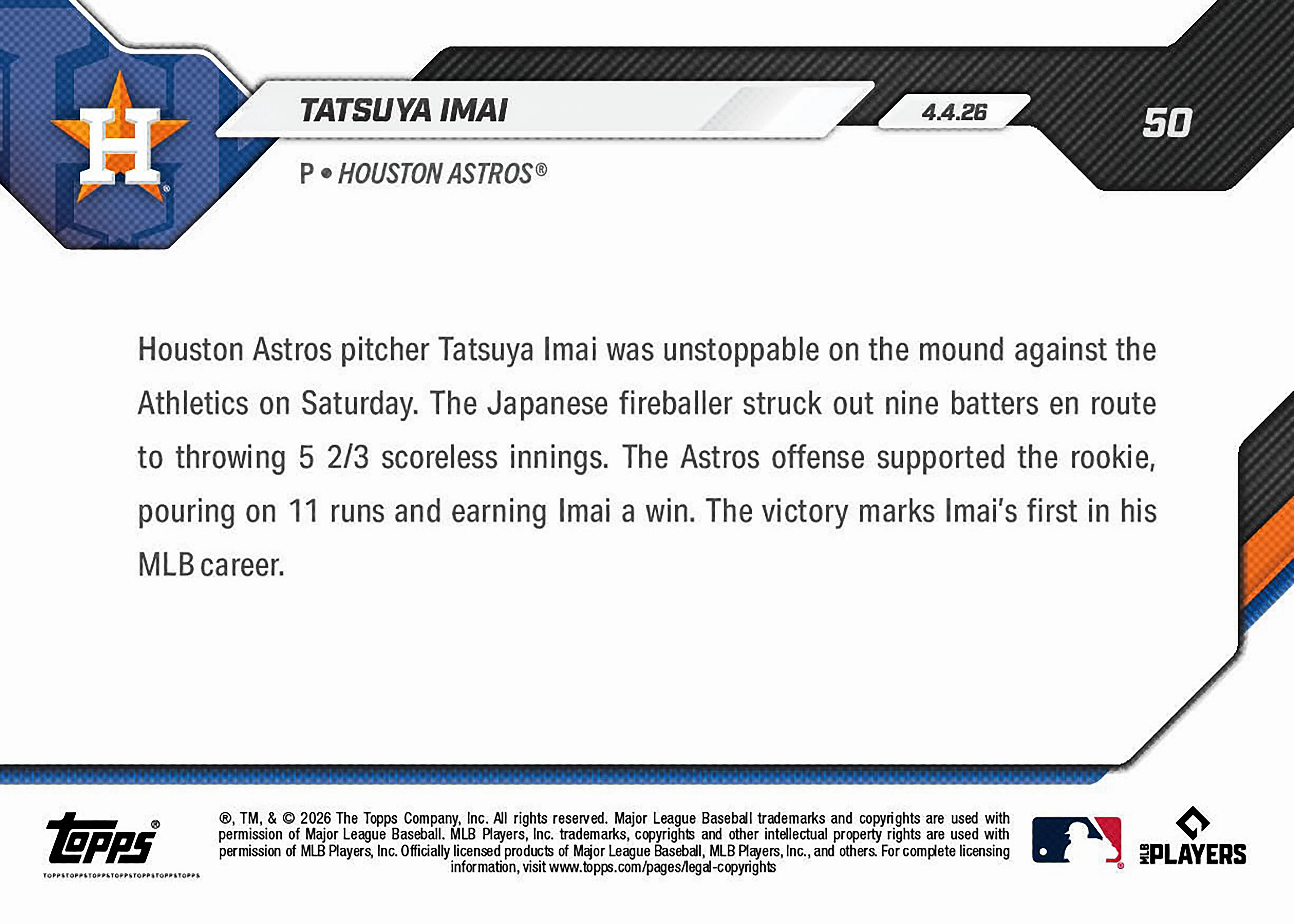 Tatsuya Imai - 2026 MLB Topps NOW® - Card 50 - PR: 3125