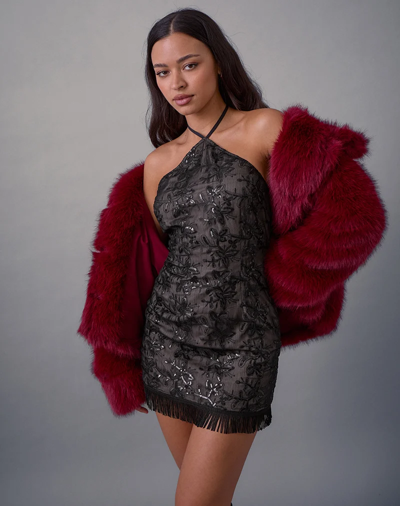 Soren Mini Dress in Floral Chiffon Sequin Black