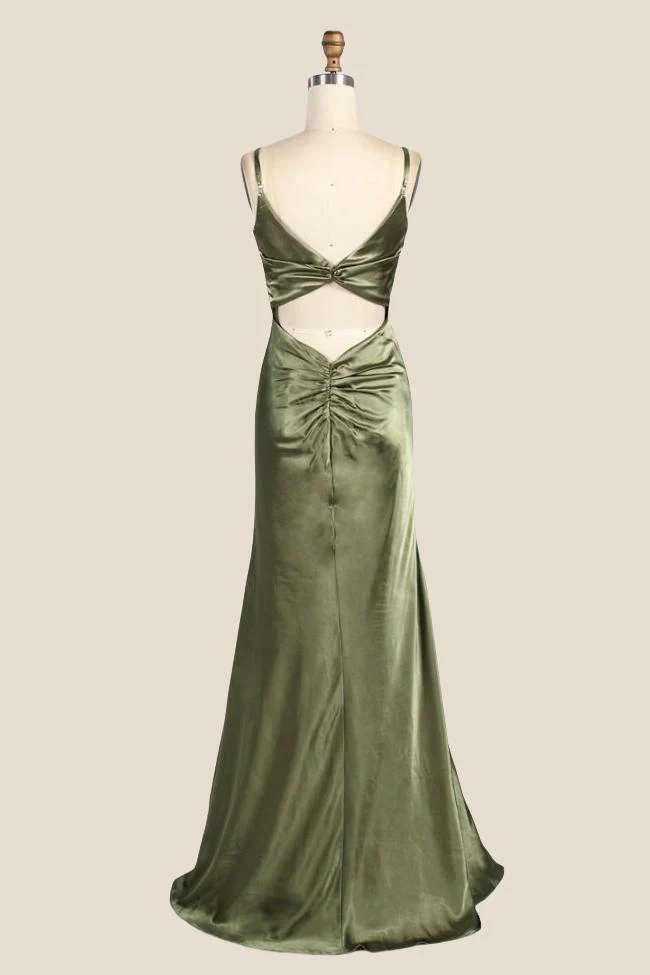 Cowl Neck Moss Green Open Back Long Dress