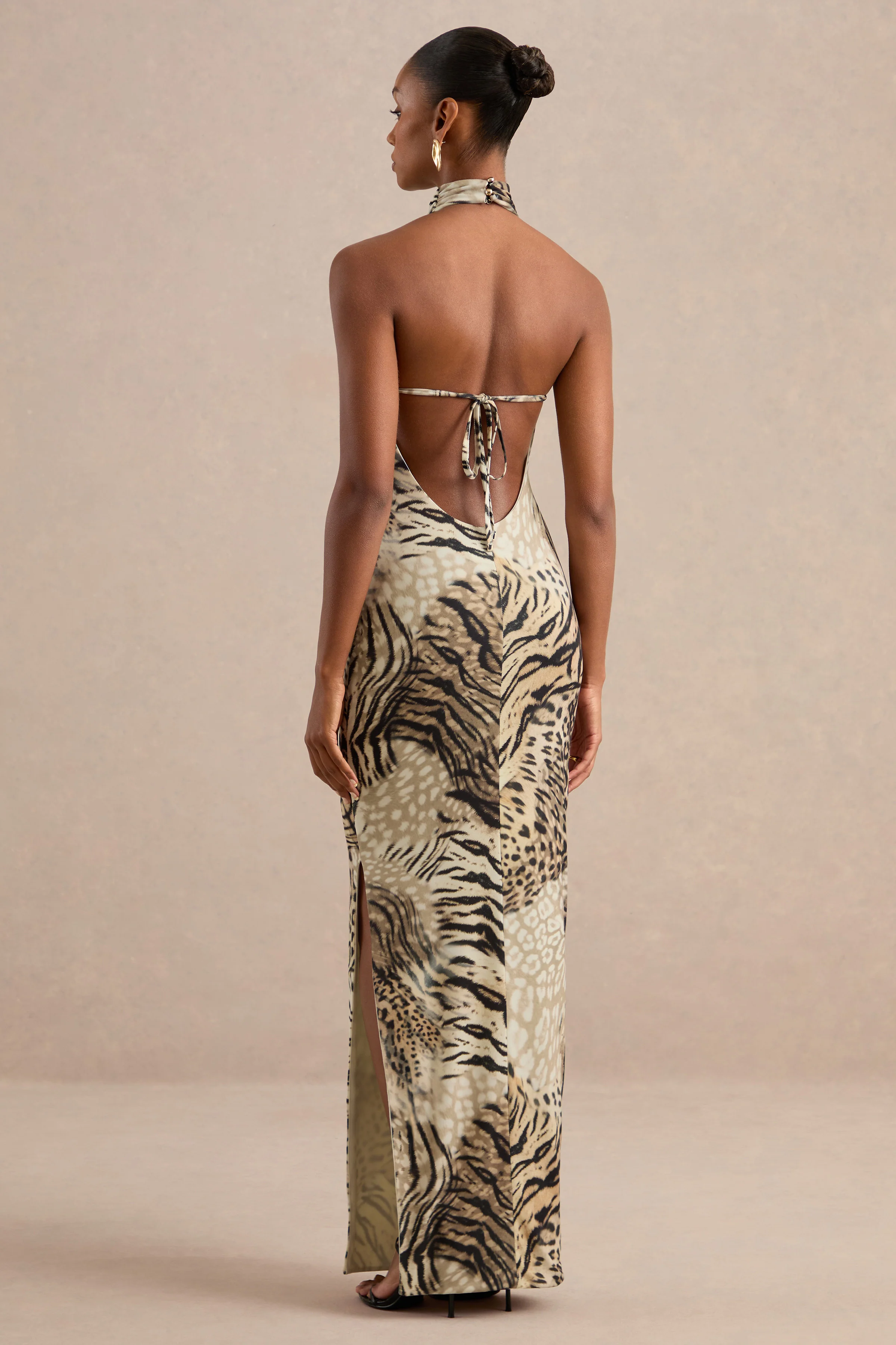 Arlise | Brown Animal Print Jersey High Neck Maxi Dress With Open Back