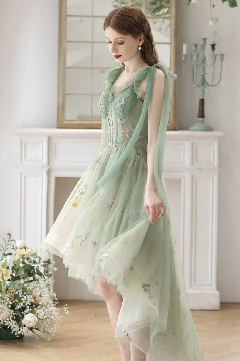 High Low Green Floral Tulle Party Dress