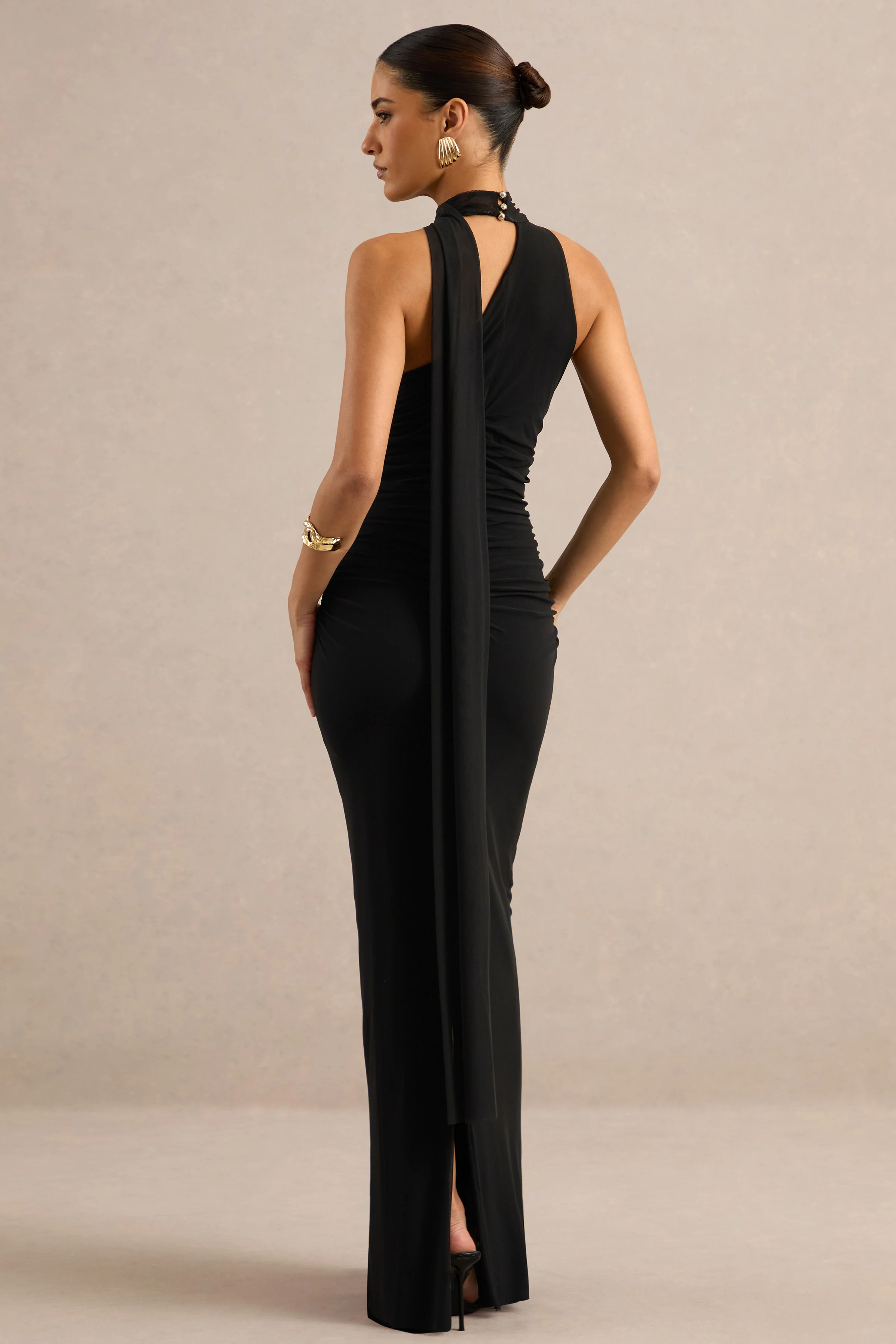 Gelsey | Black Mesh High Neck Ruched Maxi Dress With Scarf Detail
