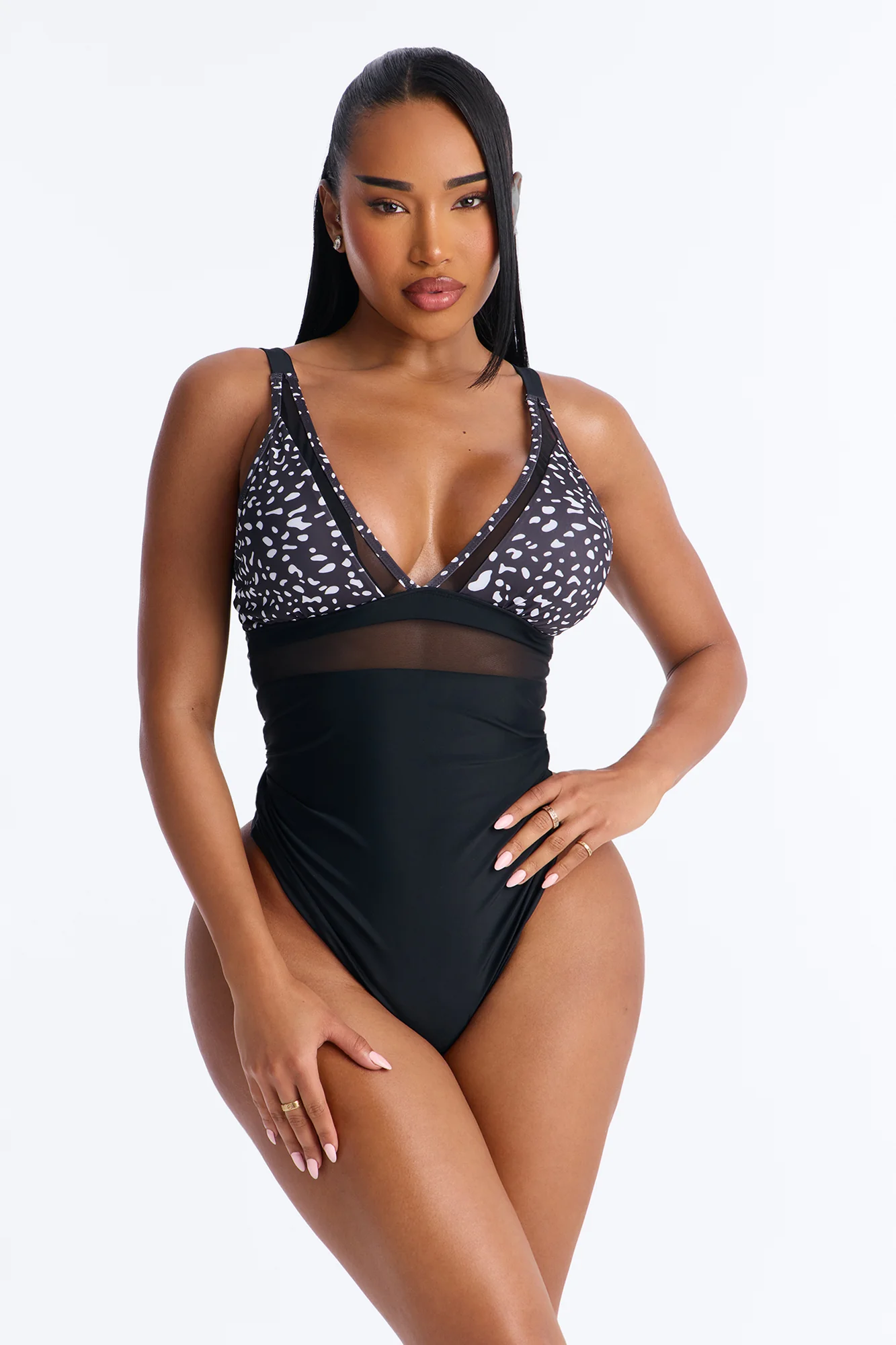 Follow The Sun Mesh Cut Out V-Neck 1 Piece Swimsuit - White/Black
