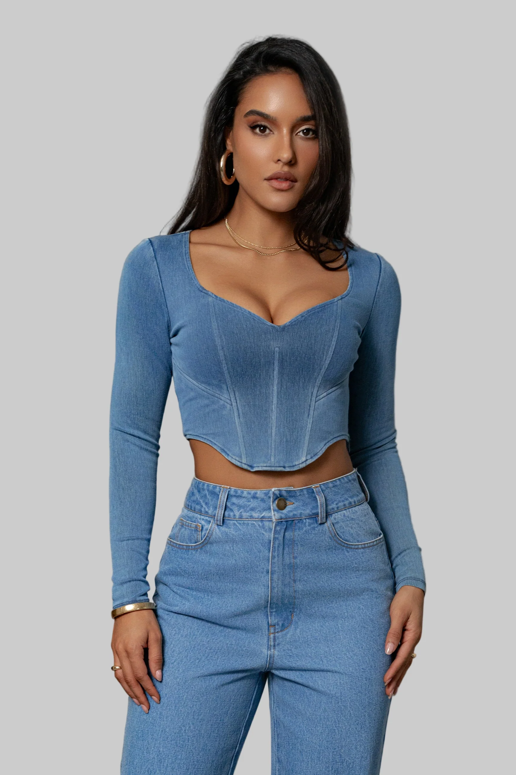 Medium Wash Tesa Sweetheart Denim Top