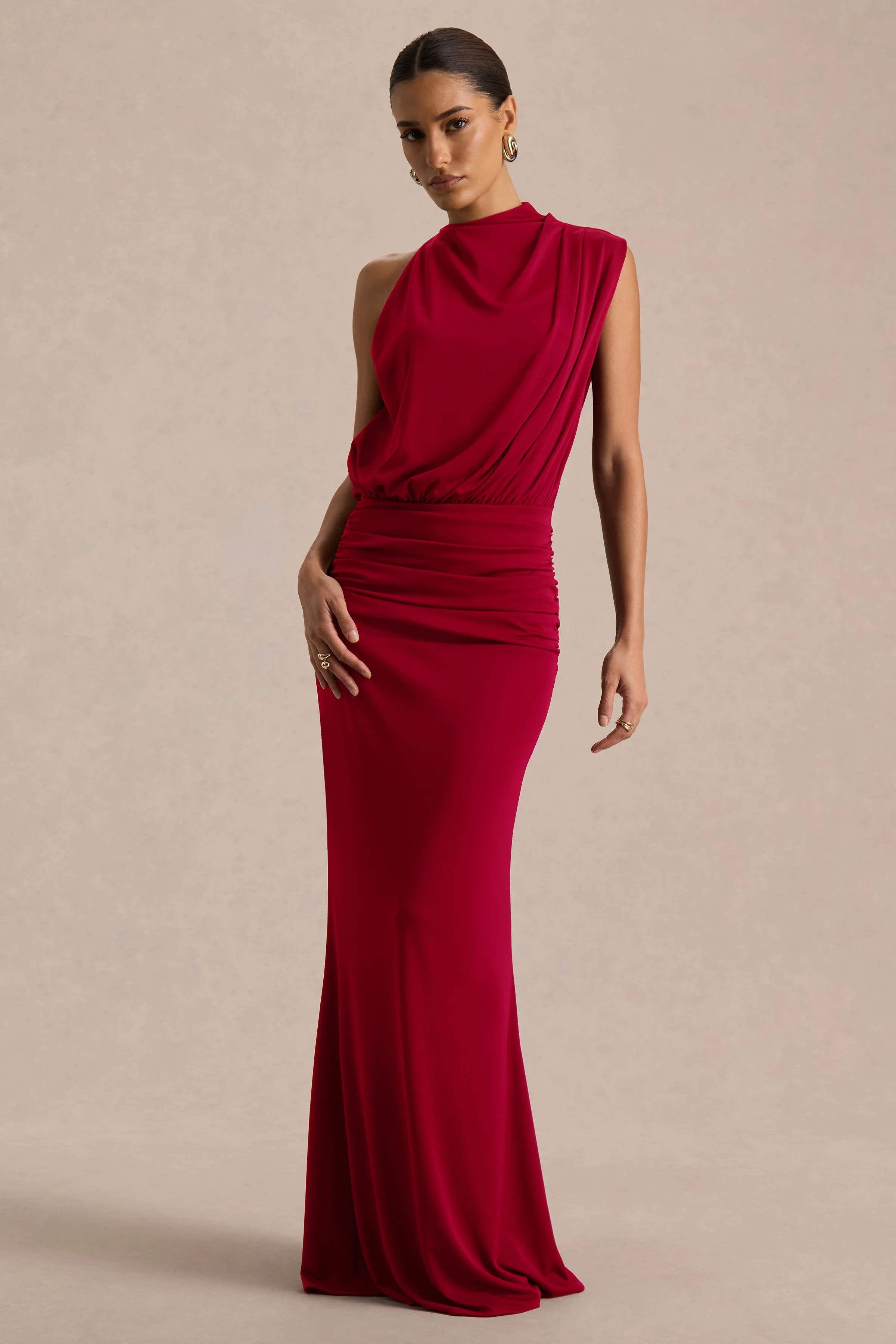 Umaira | Red Ruched High Neck Maxi Dress With Draped Detailing